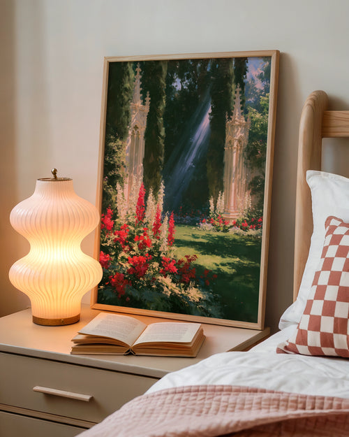 Gothic Garden Wall Art, Cypress Trees Sunlight Poster, Romantic Floral Print