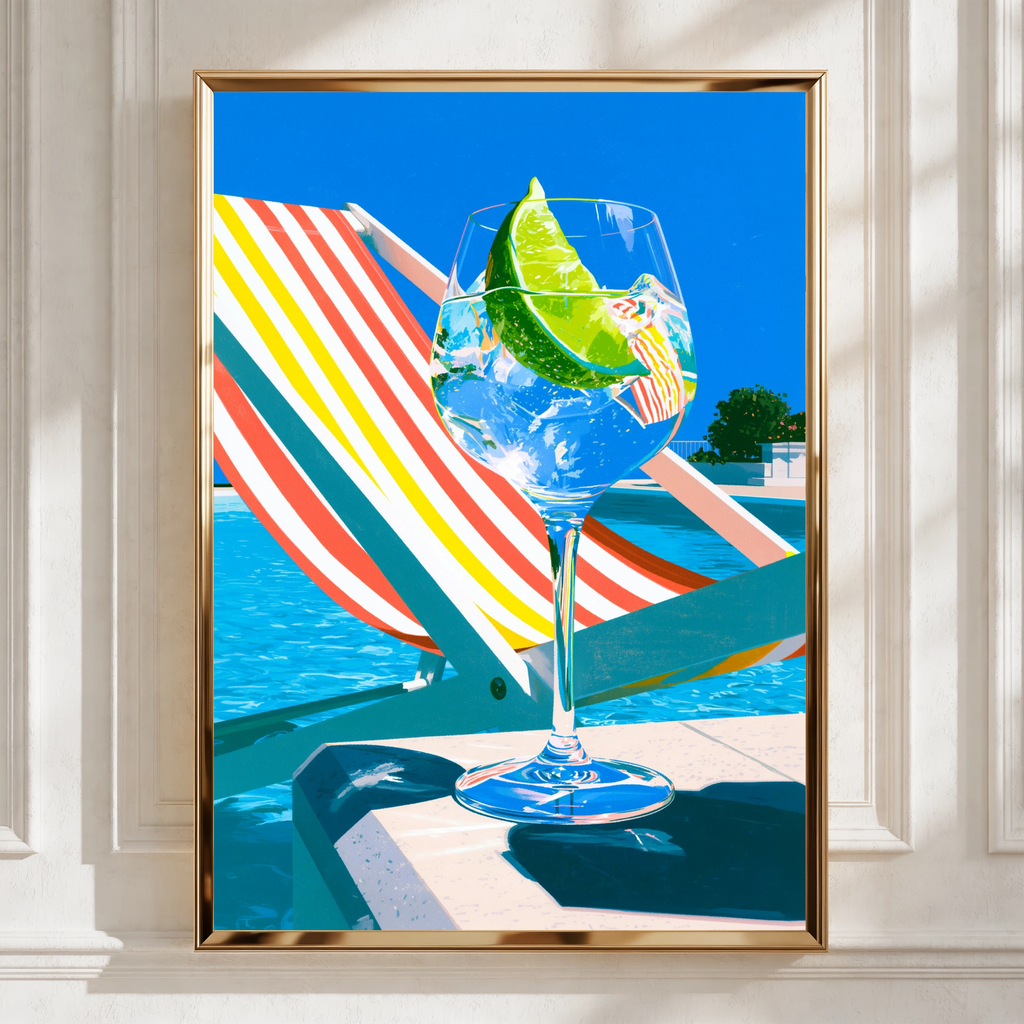 Gin & Tonic Poolside Sun Lounger Art Print, Summer Cocktail Poster, Pop Art Style