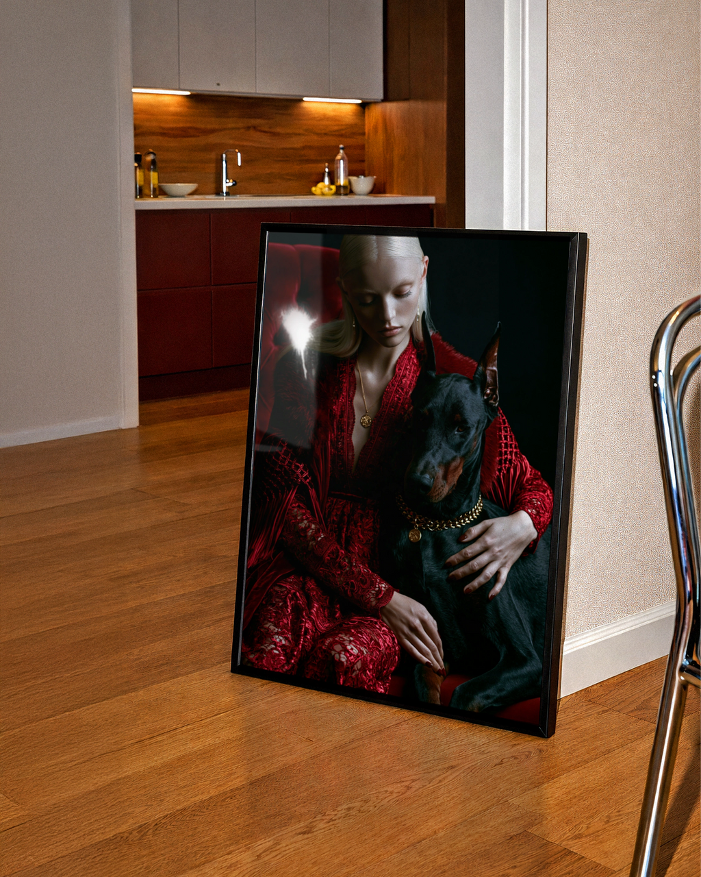 Woman with Dobermann Poster, Red Luxury Fashion Portrait, Dark Dramatic Wall Art