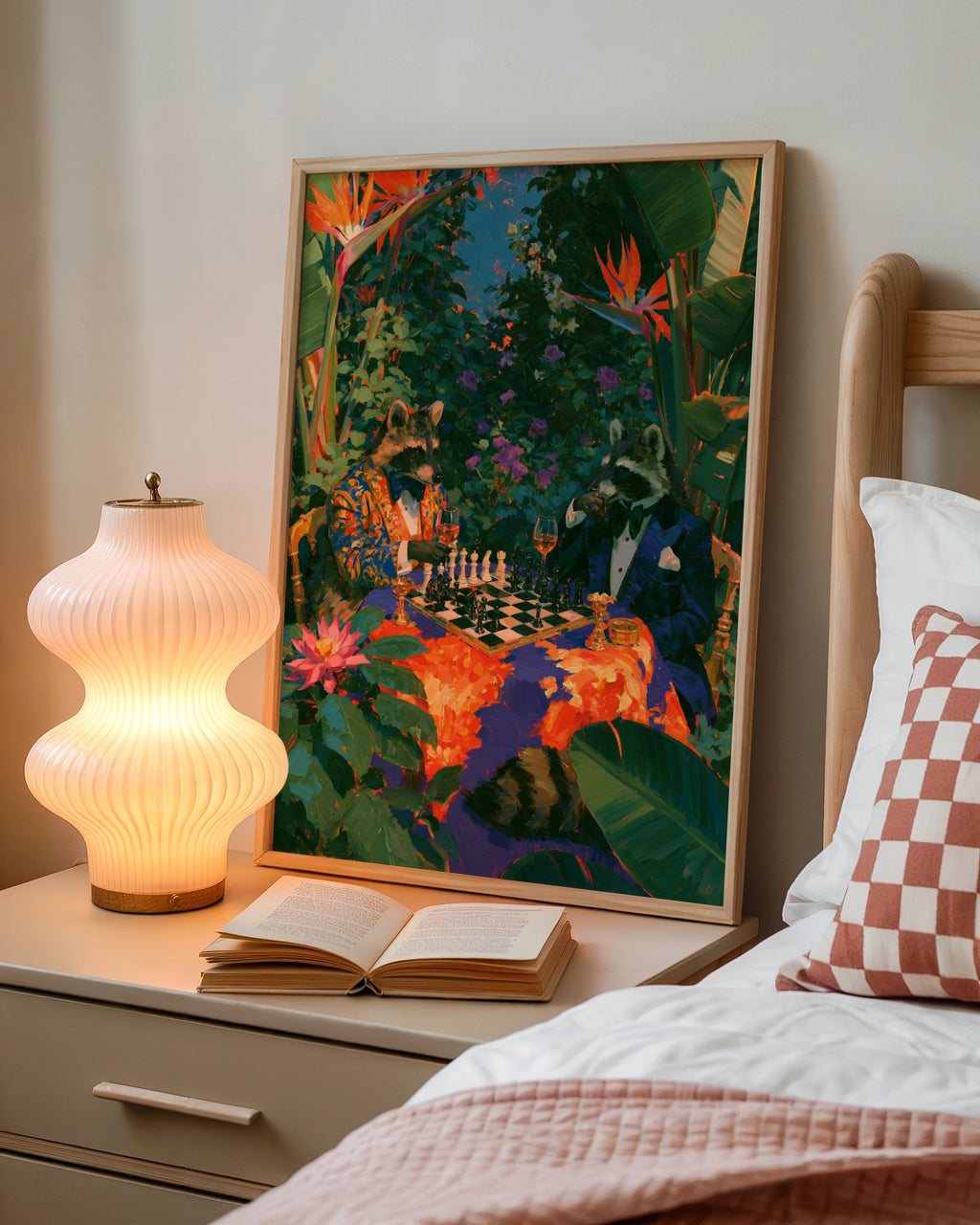 Raccoons Playing Chess, Tropical Garden Wall Art, Maximalist Animal Poster