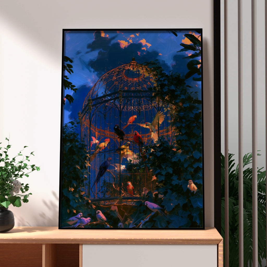 Aviary Parrots Poster, Ornate Birdcage Art Print, Dramatic Twilight Sky