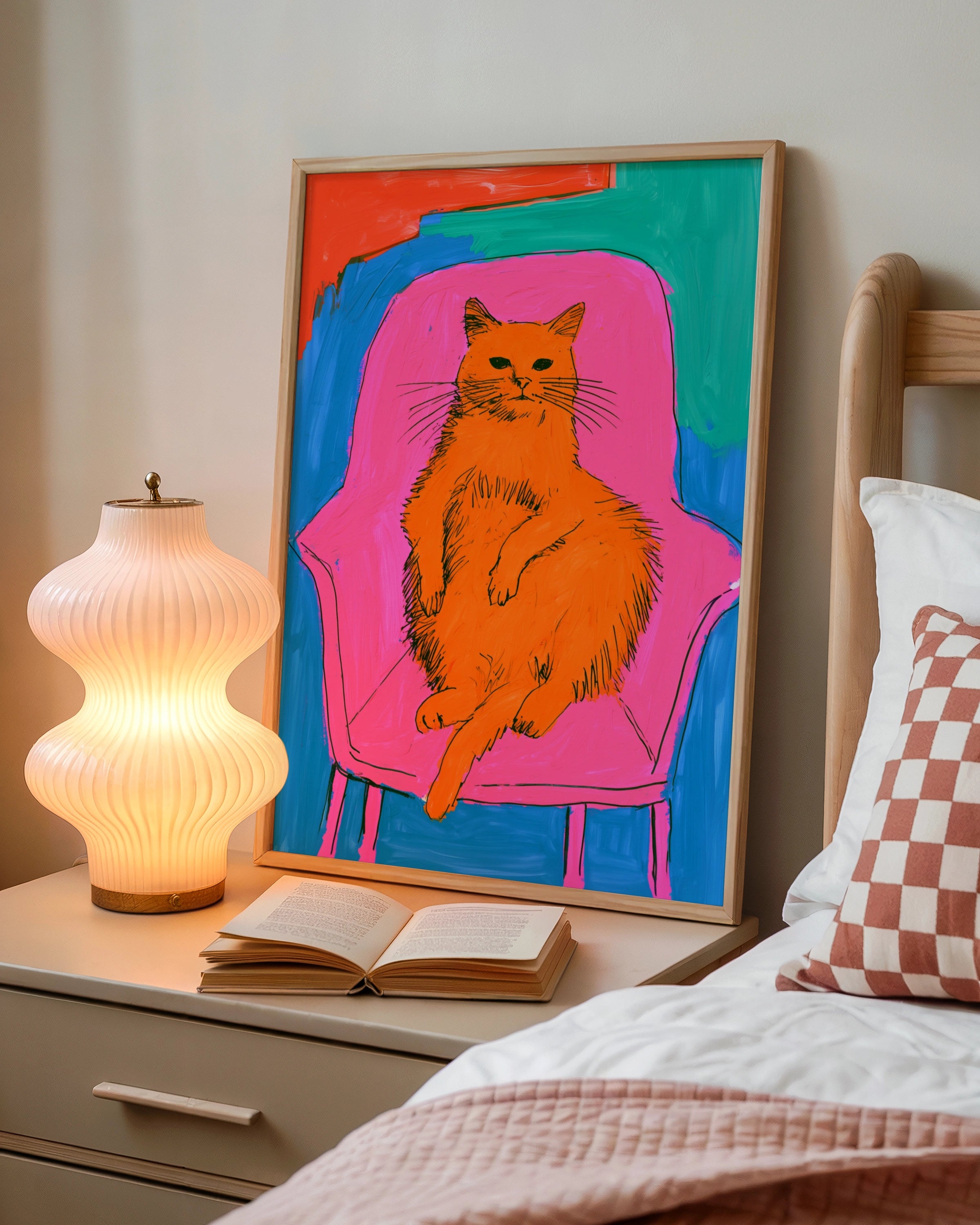 Fat Bored Cat on Armchair Poster, Bold Colourful Pop Art Print
