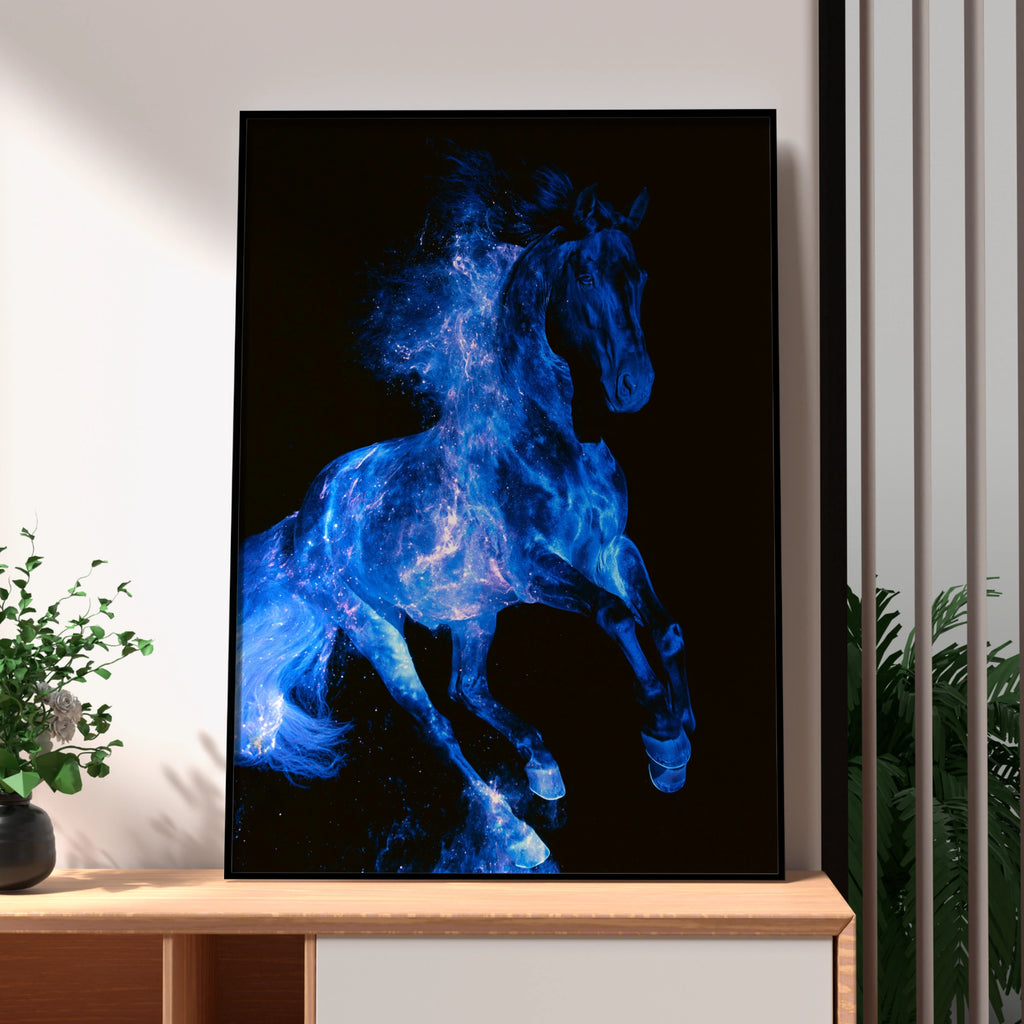 Blue Fire Horse Poster, Cosmic Stallion Wall Art, Dark Fantasy Print