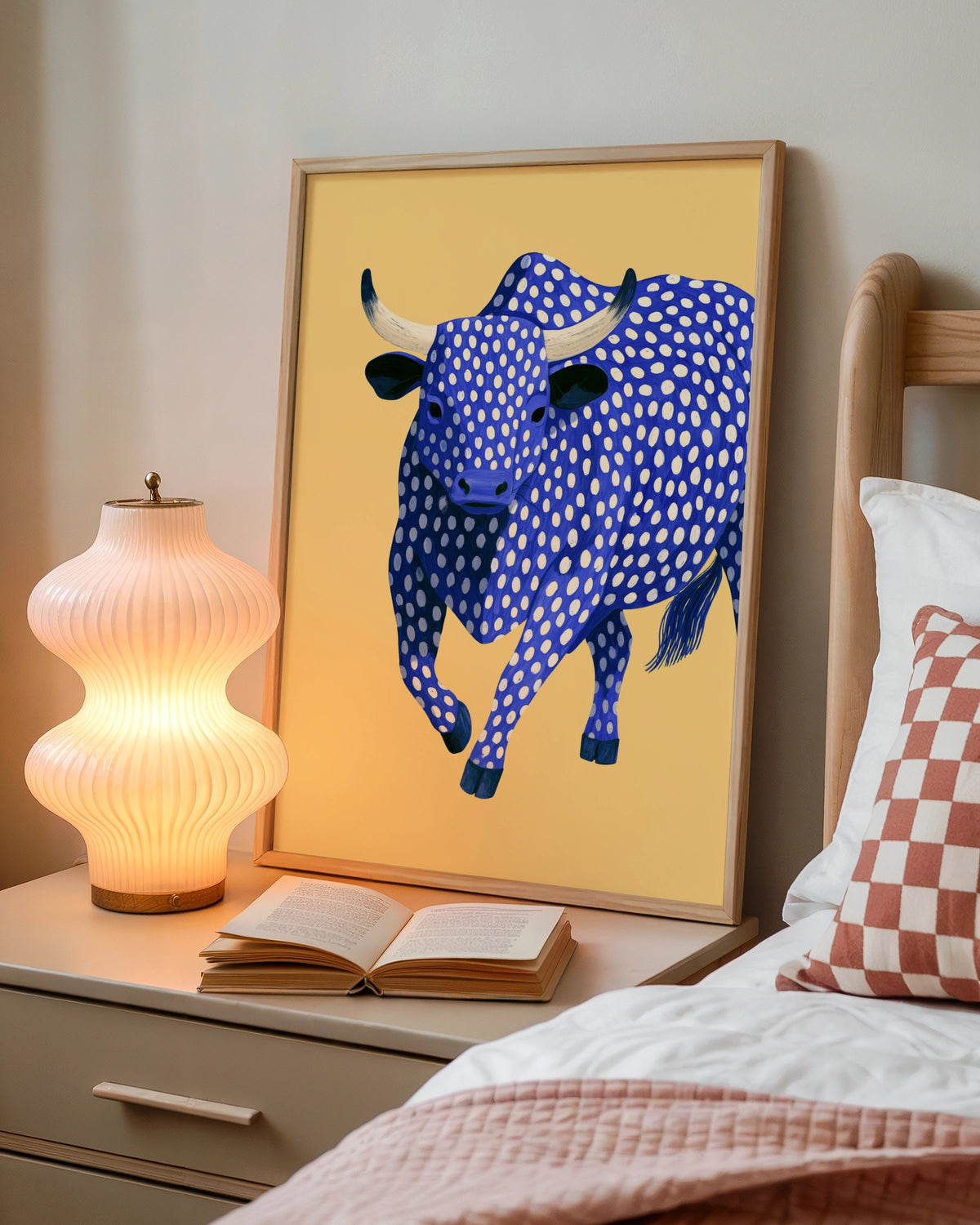 Blue Polka Dot Bull Poster, Bold Animal Wall Art, Quirky Modern Print