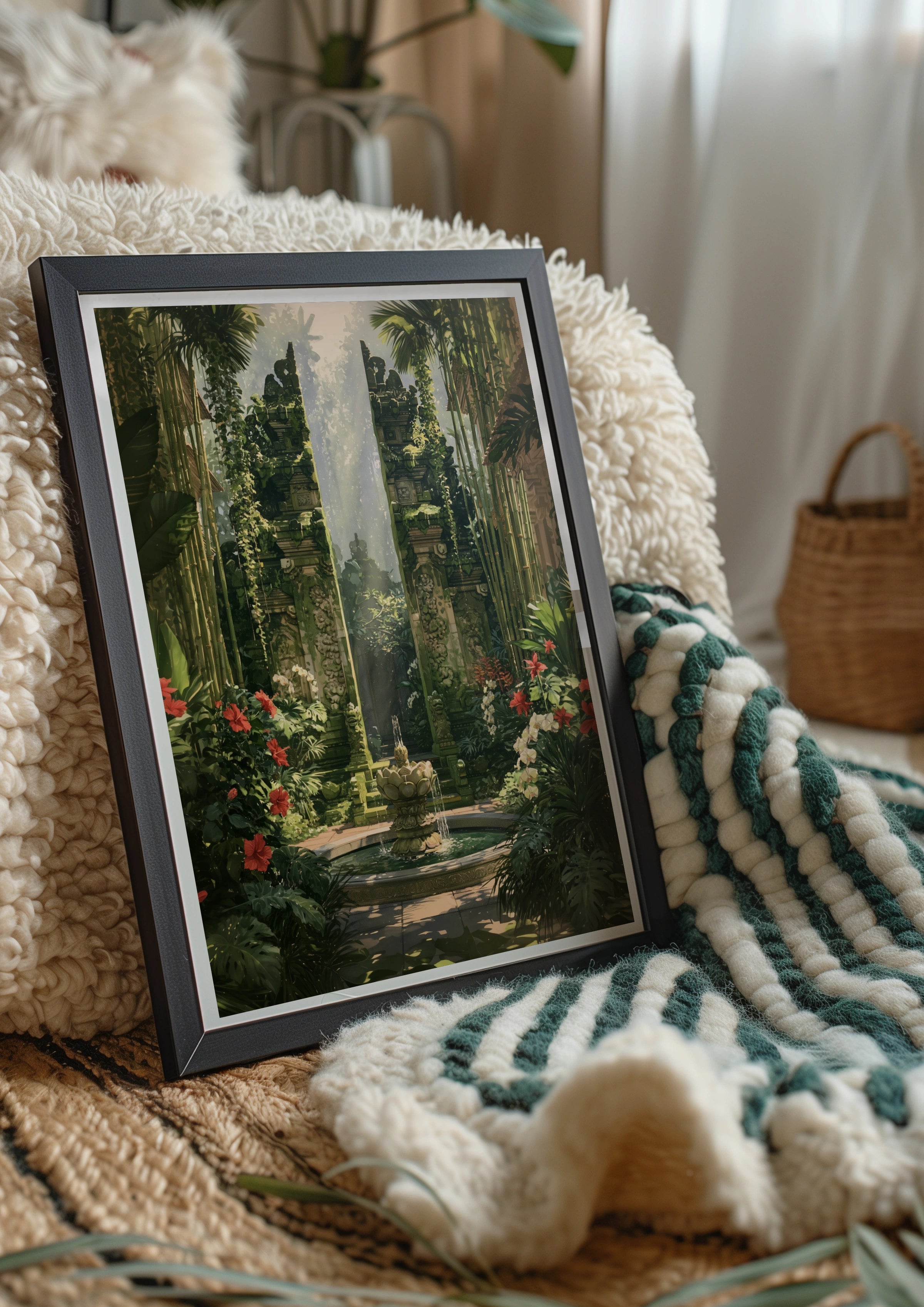 Balinese Candi Bentar Temple Gate Poster, Tropical Garden Wall Art Print