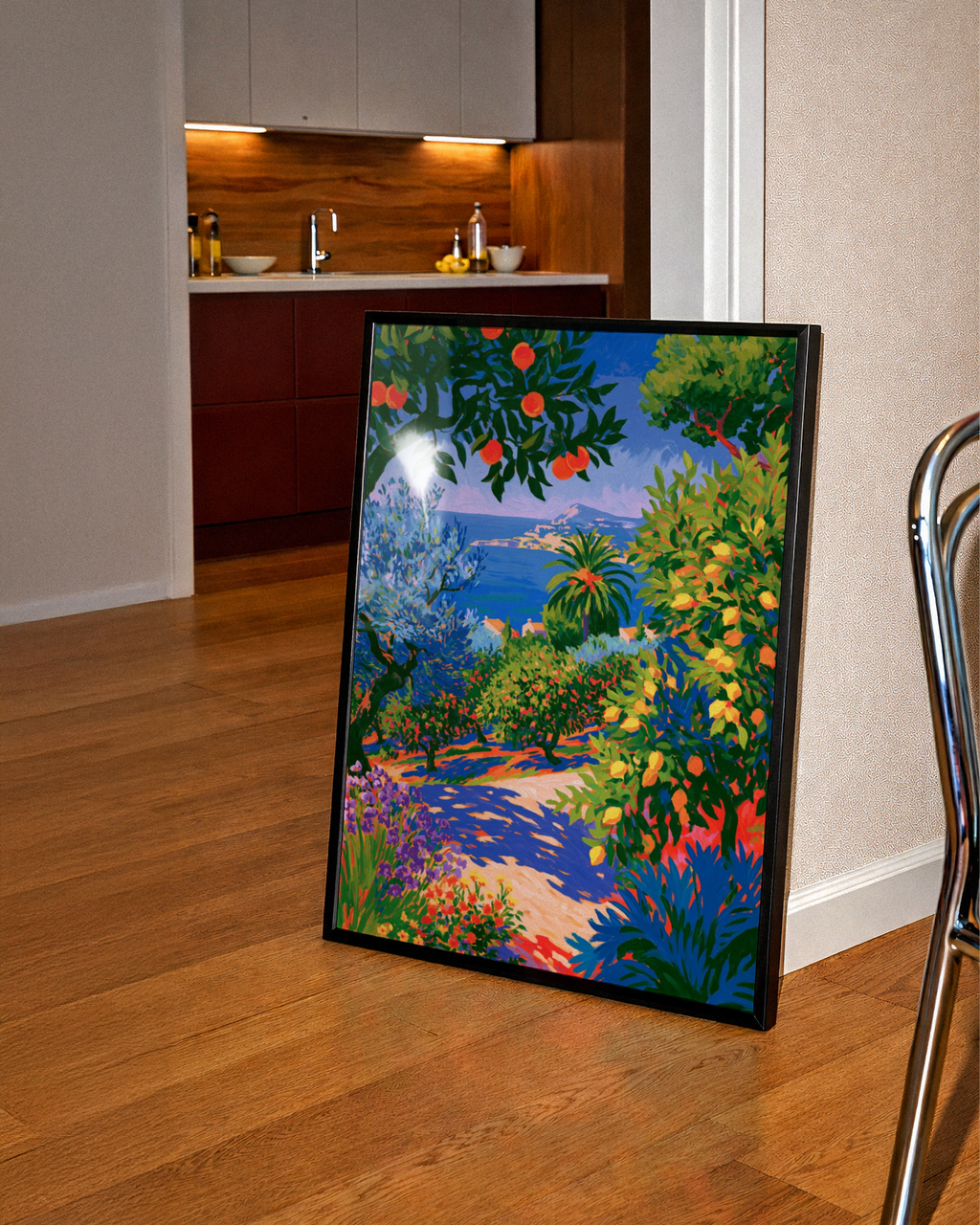 Mediterranean Garden Path Poster, Orange Lemon Trees, Coastal Wall Art Print