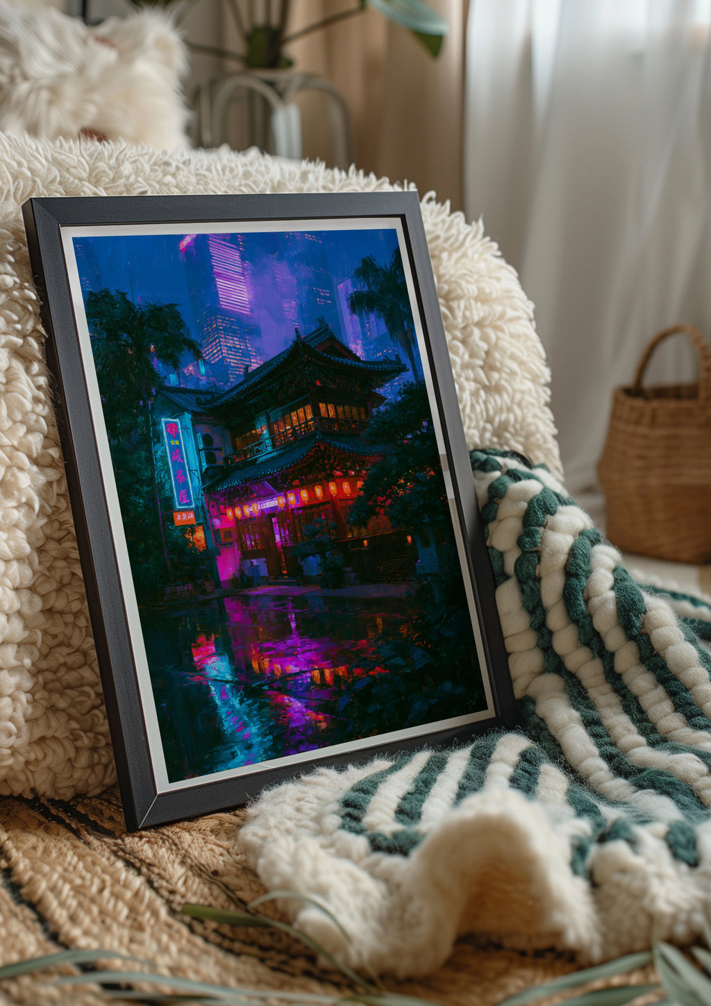 Japan Cyberpunk Night City Poster, Neon Tokyo Street Art Print, Futuristic