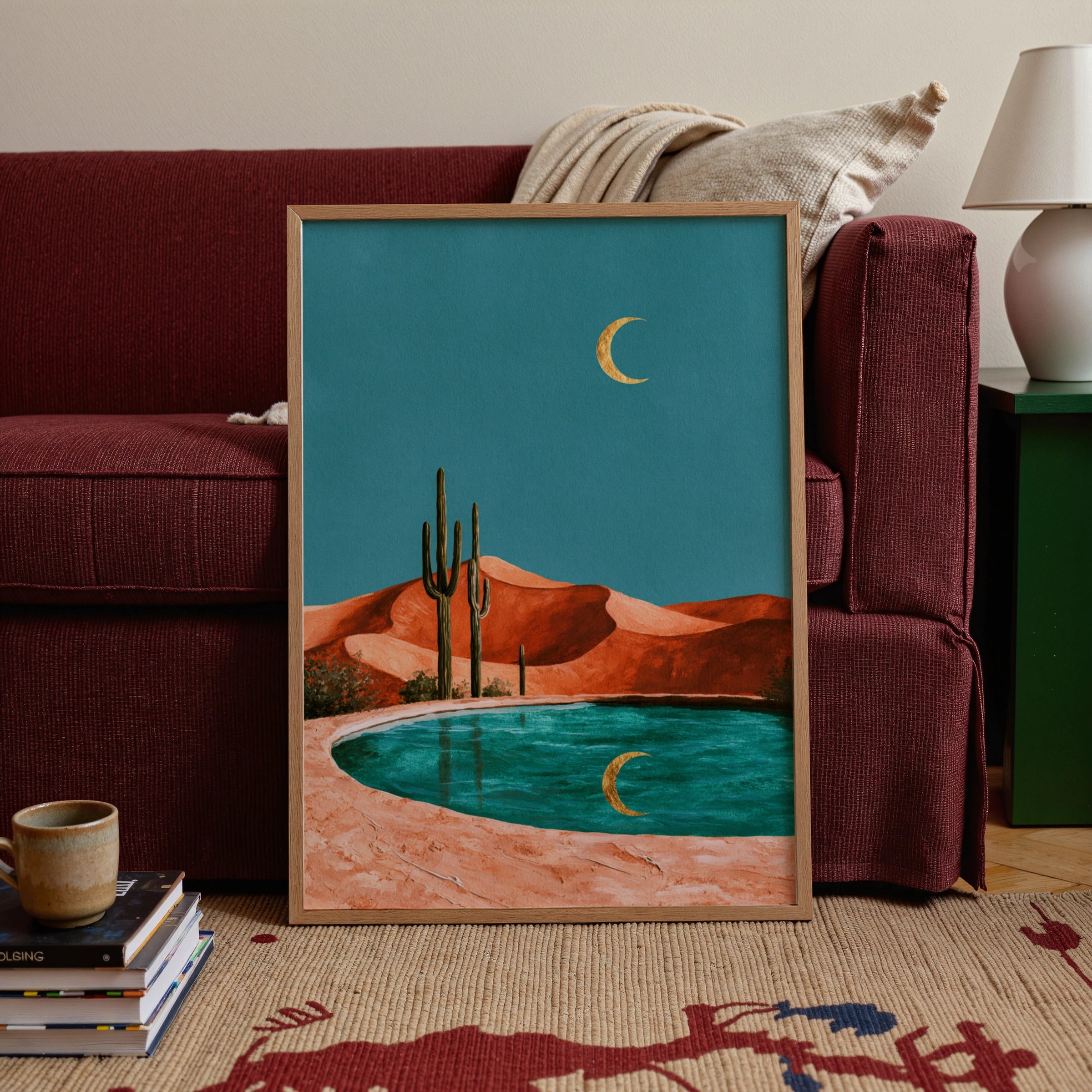 Cactus Moon Desert Pool Poster, Crescent Reflection Art, Boho Landscape Print