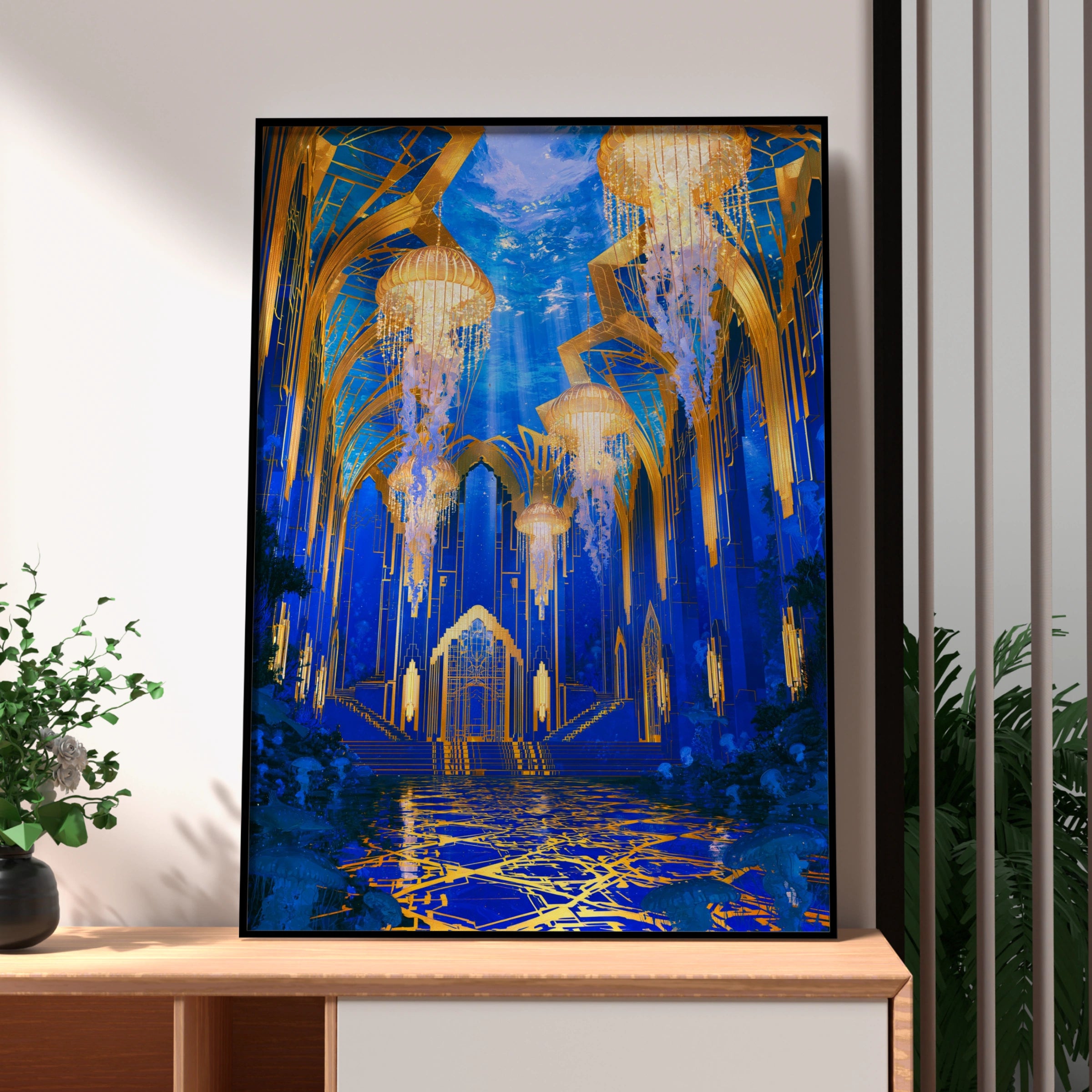 Underwater City Hall Jellyfish Poster, Art Deco Fantasy Blue Gold Print