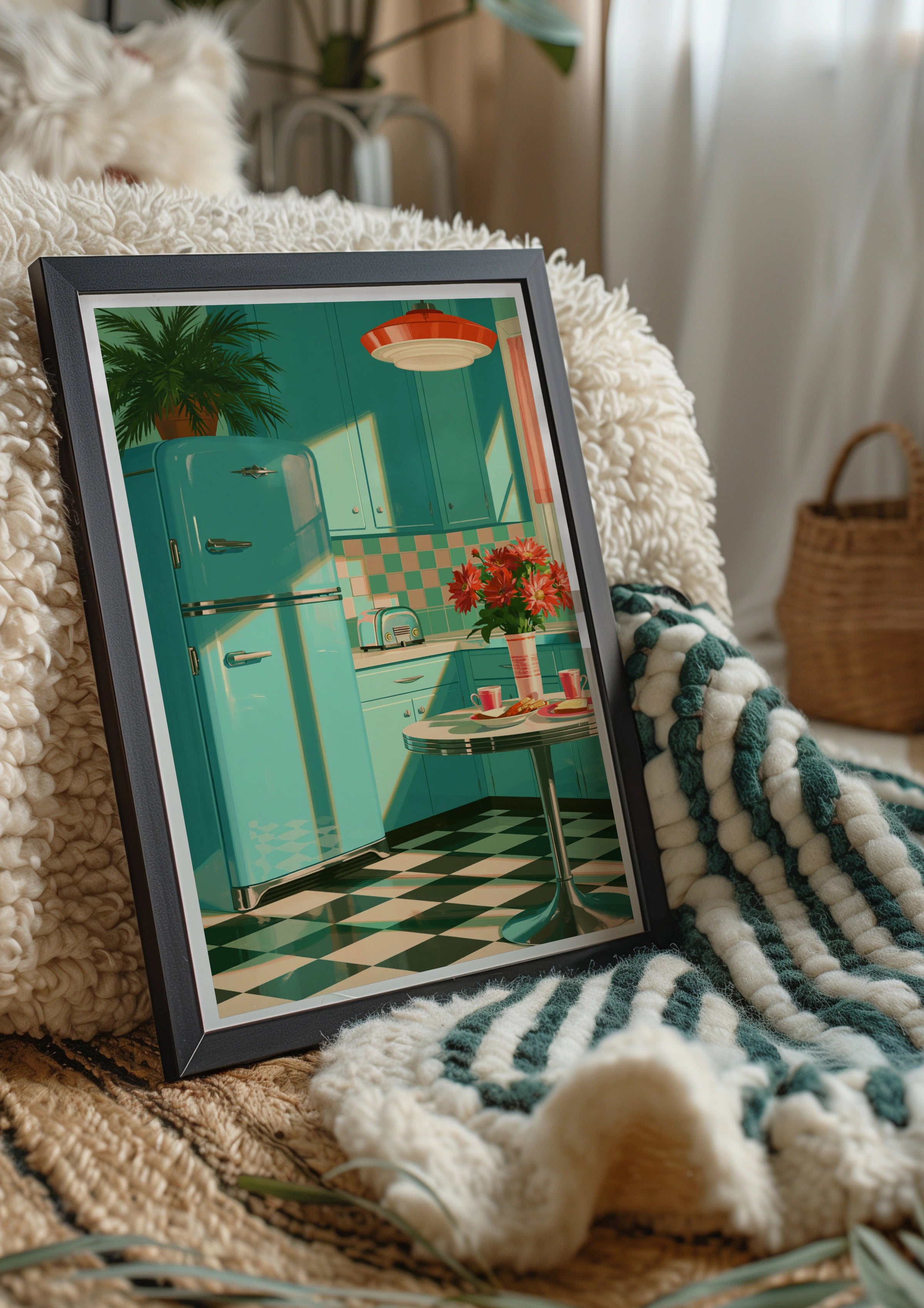 Retro Kitchen Poster, Turquoise 1950s Diner Art Print, Mid-Century Style