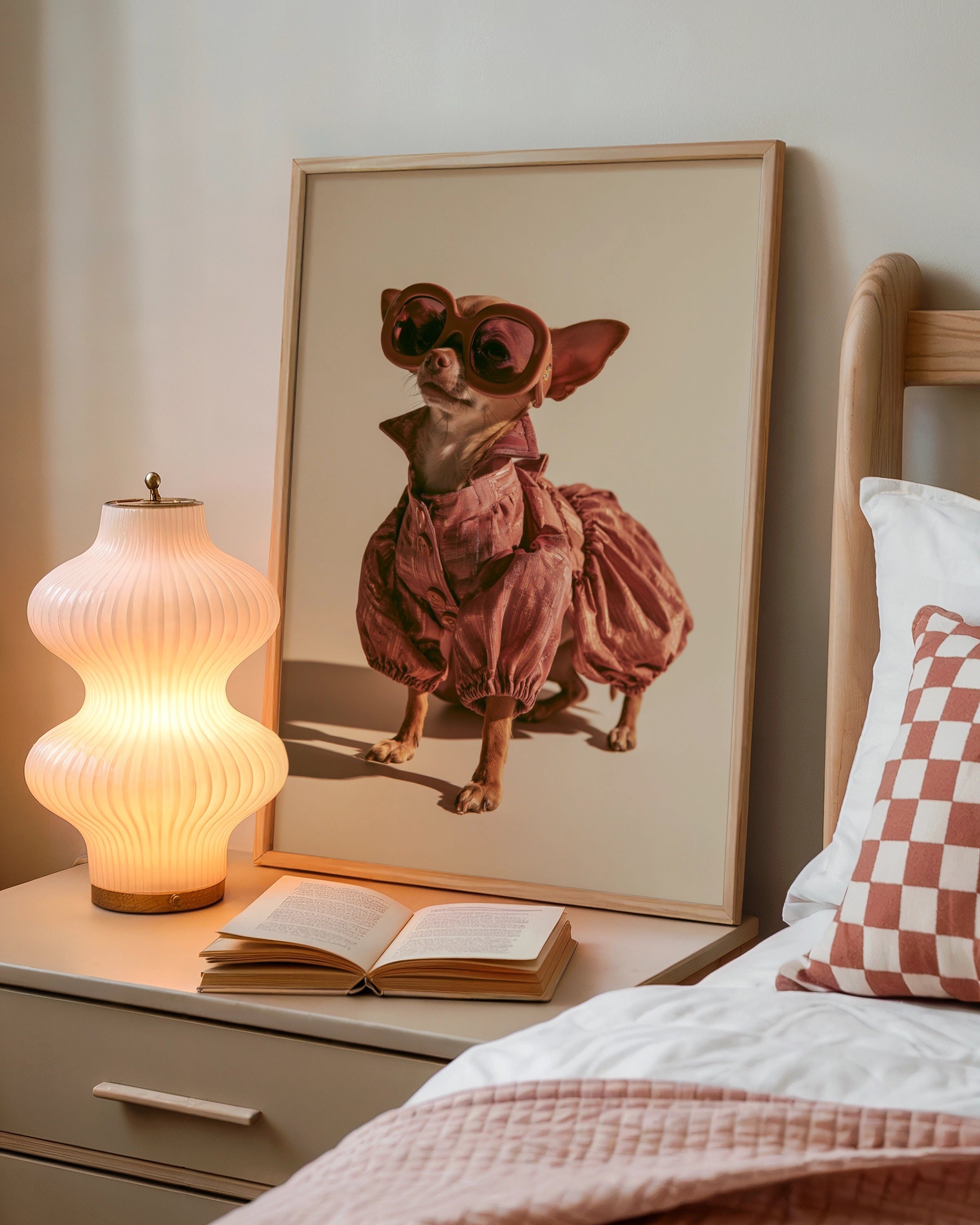 Chihuahua in Dress & Glasses Poster, Funny Fashionable Dog Wall Art Print