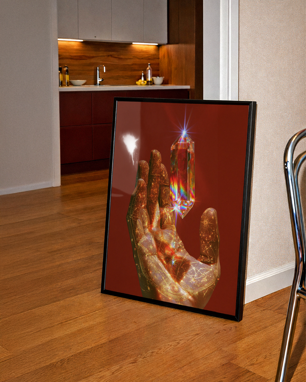 Crystal Prism Hand Poster, Mystical Celestial Art Print, Bohemian Wall Decor