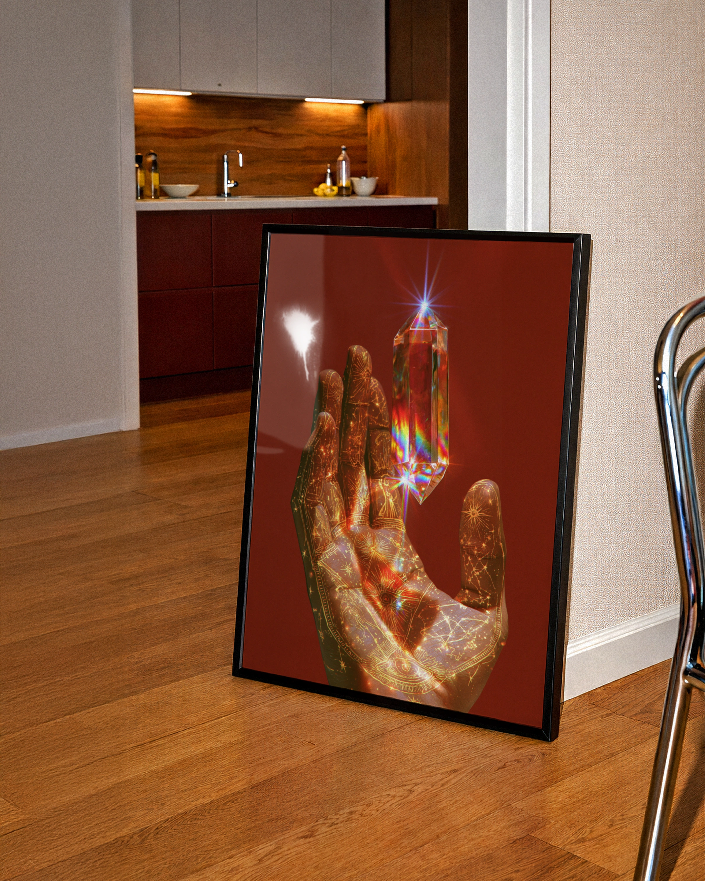 Crystal Prism Hand Poster, Mystical Celestial Art Print, Bohemian Wall Decor