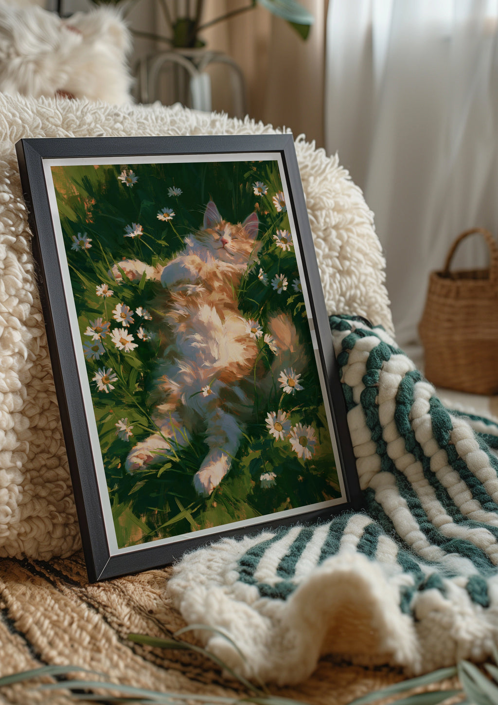 Sleeping Fluffy Cat Daisies Grass Poster, Cosy Painterly Wall Art Print