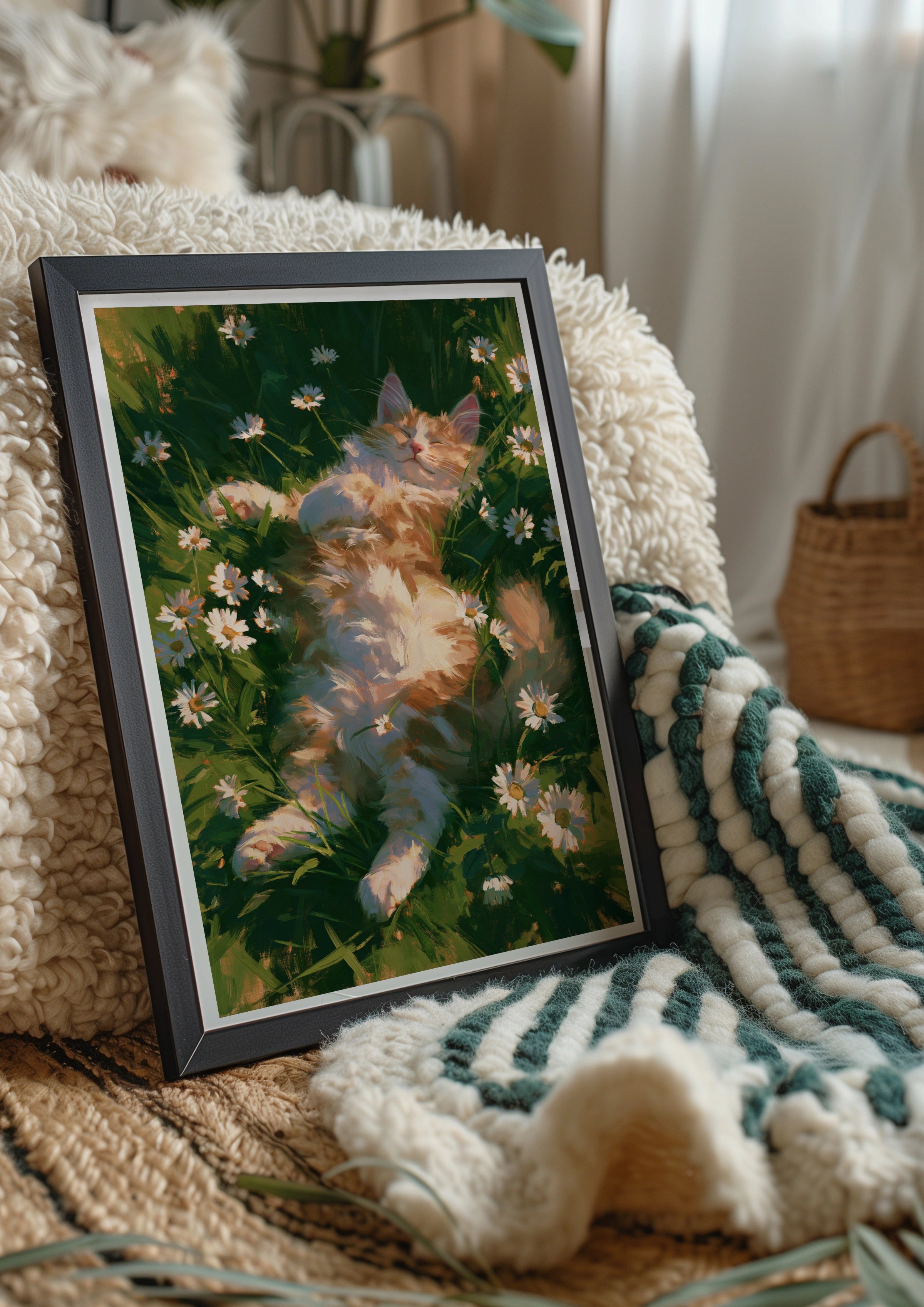 Sleeping Fluffy Cat Daisies Grass Poster, Cosy Painterly Wall Art Print