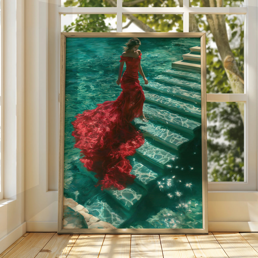 Woman Red Dress Water Steps Poster, Figurative Wall Art, Teal Oil Painting Print