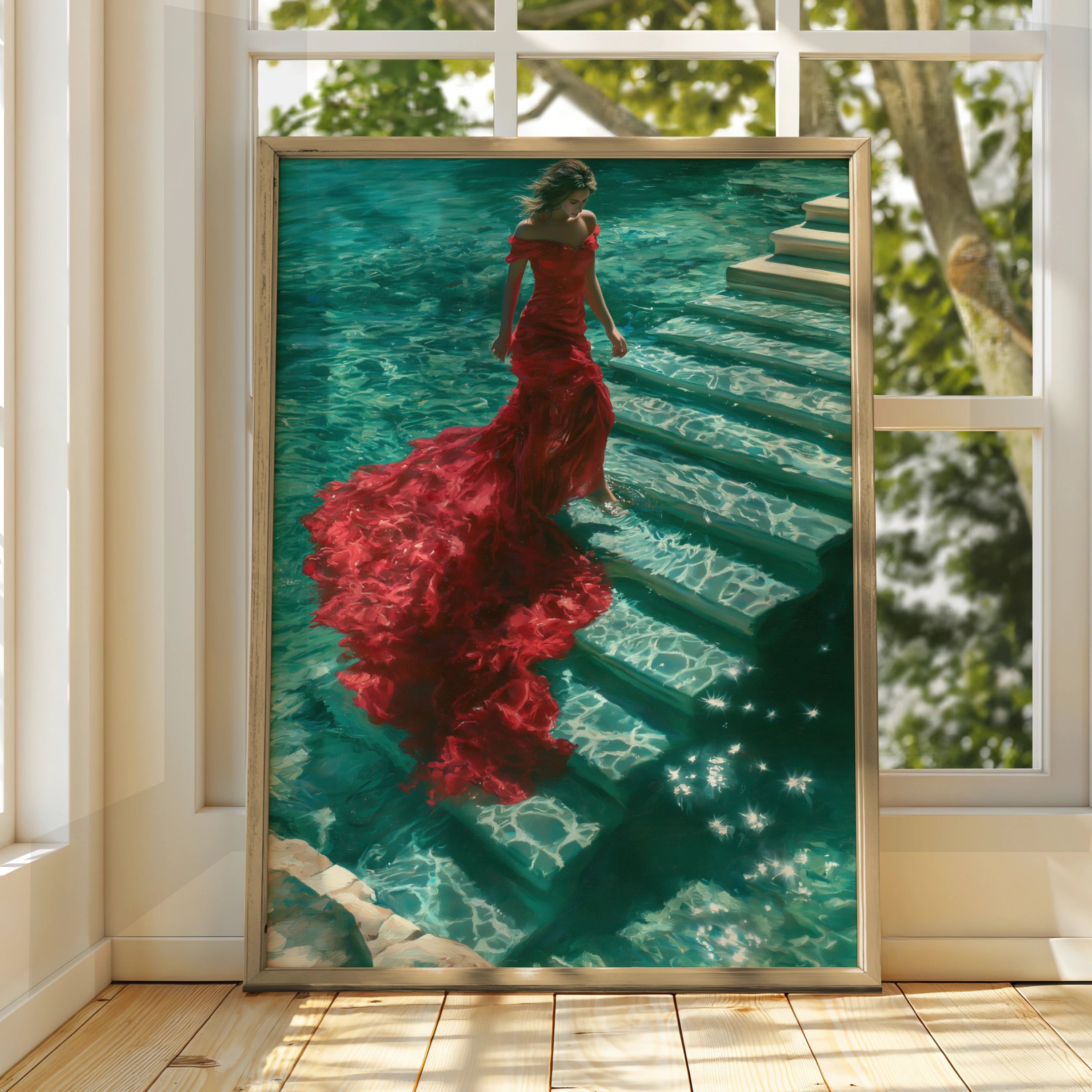 Woman Red Dress Water Steps Poster, Figurative Wall Art, Teal Oil Painting Print