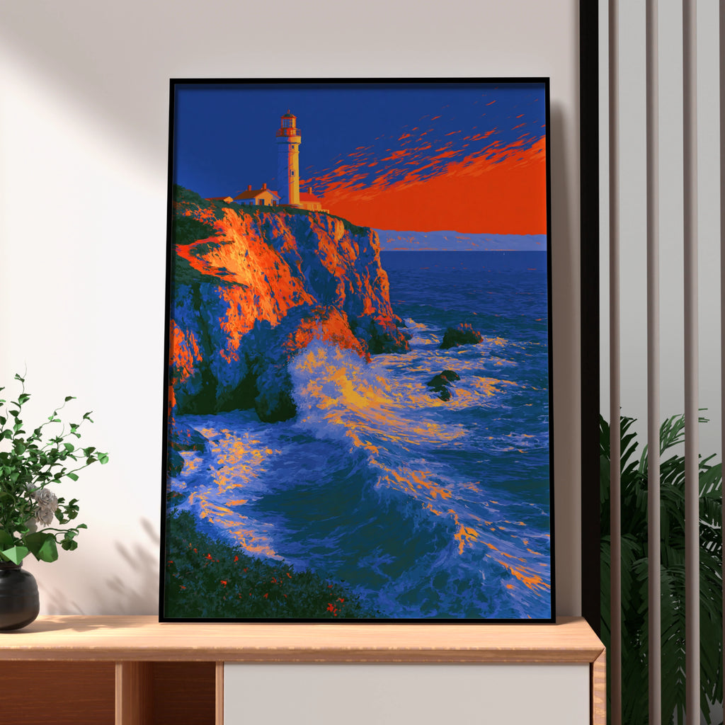 Red Lighthouse Cliff Coastal Wall Art Poster, Bold Sunset Ocean Print