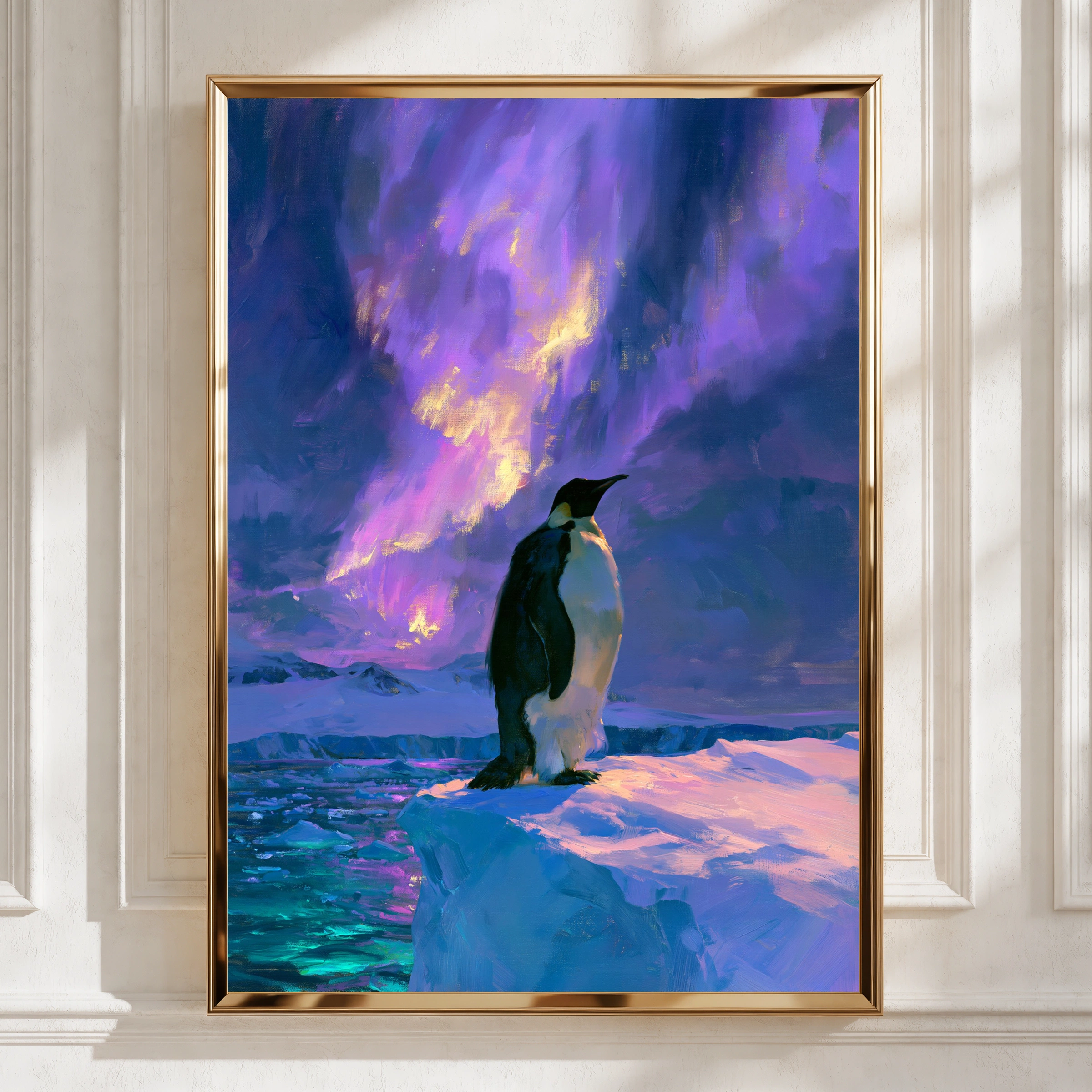 Penguin Aurora Borealis Poster, Antarctic Wildlife Art, Purple Northern Lights Print