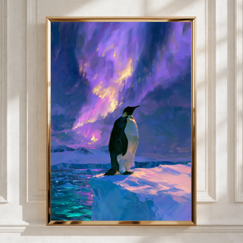 Penguin Aurora Borealis Poster, Antarctic Wildlife Art, Purple Northern Lights Print