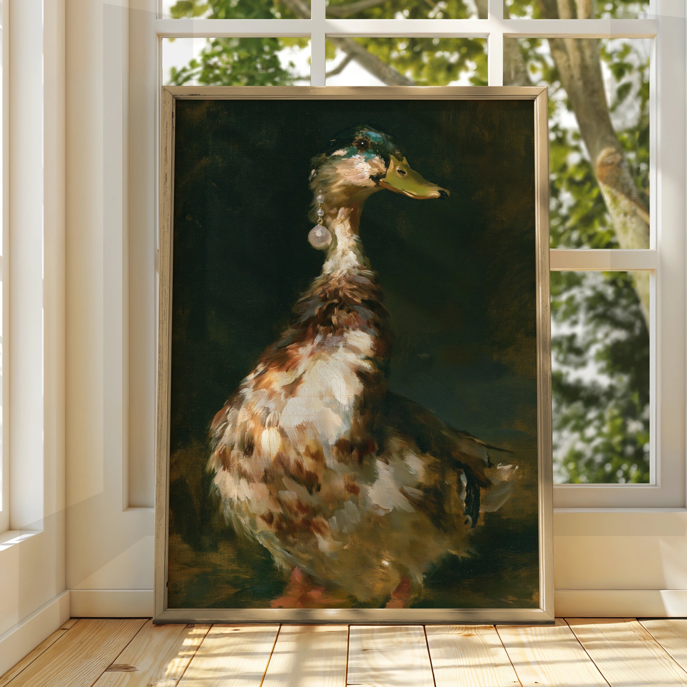 Duck with Pearl Earring Wall Art Poster, Funny Animal Portrait, Old Master Style