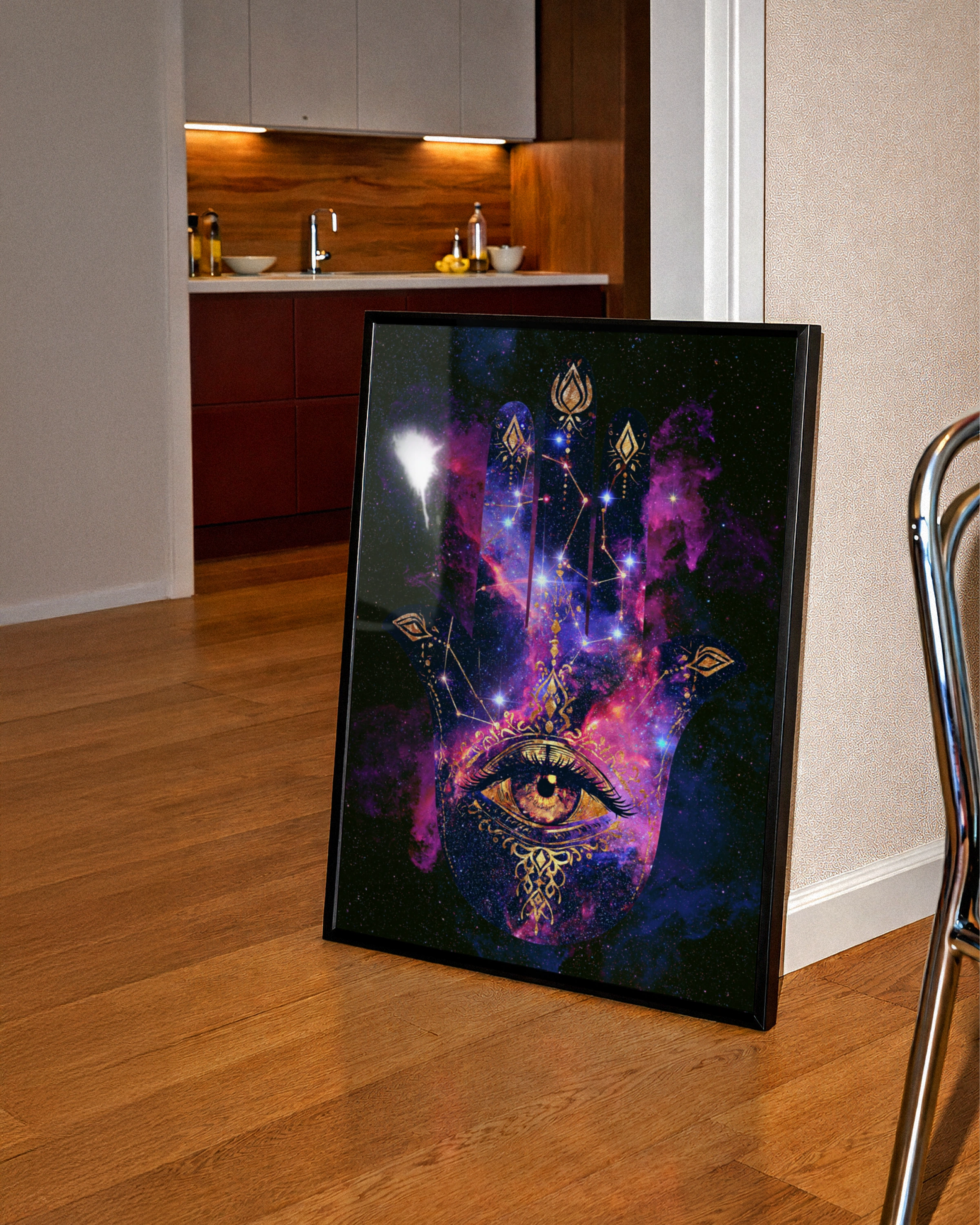 Hamsa Hand Cosmic Galaxy Poster, All-Seeing Eye, Spiritual Wall Art