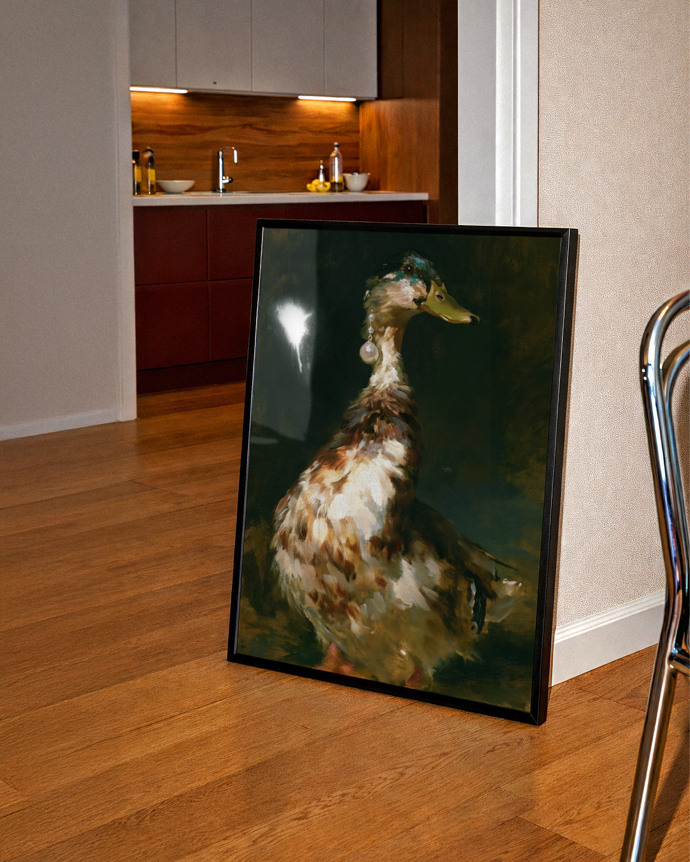 Duck with Pearl Earring Wall Art Poster, Funny Animal Portrait, Old Master Style