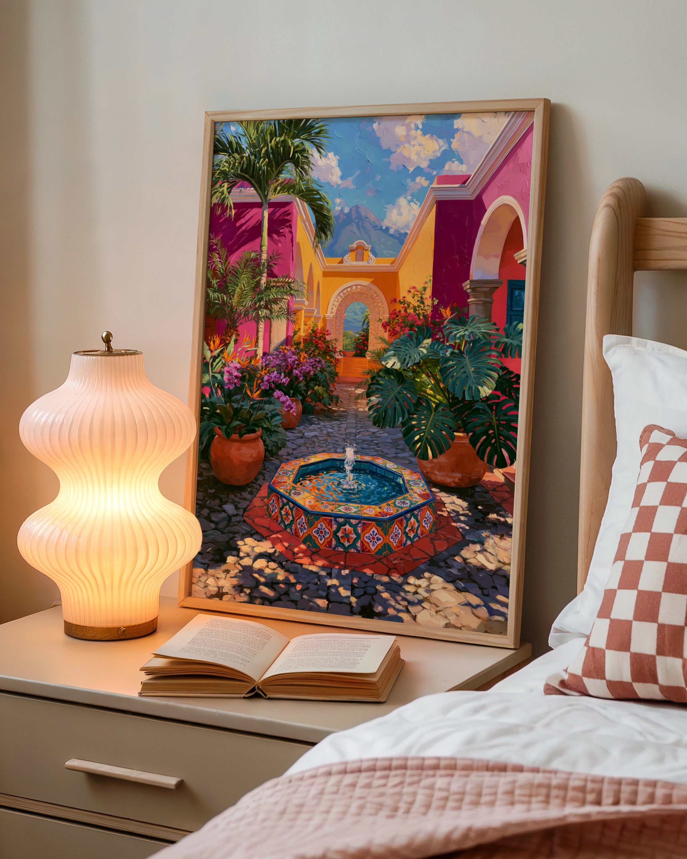 Guatemala Courtyard Poster, Colourful Tiled Fountain, Latin America Wall Art