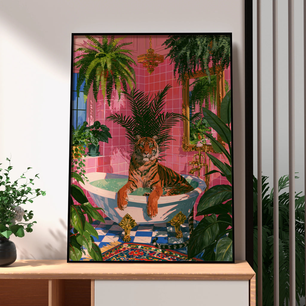 Tiger in Bath Pink Bathroom Poster, Tropical Plants Wall Art Print