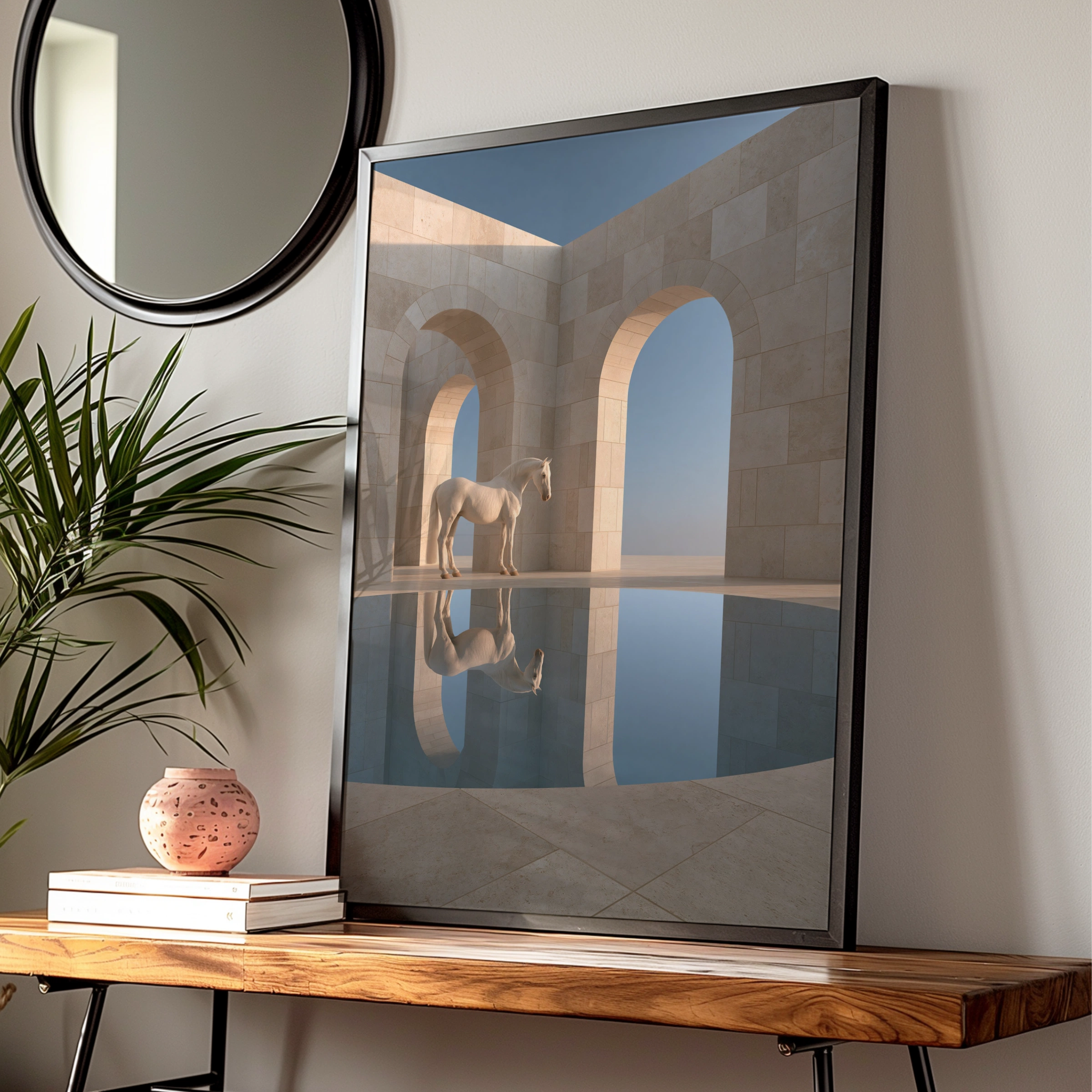 White Horse Reflection Travertine Arch Poster, Minimalist Wall Art Print