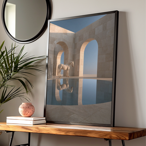 White Horse Reflection Travertine Arch Poster, Minimalist Wall Art Print