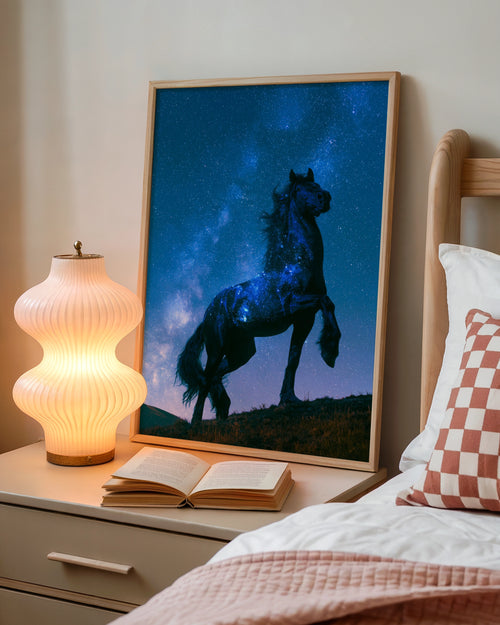 Celestial Horse Rearing Under Starry Night Sky, Galaxy Wall Art Poster