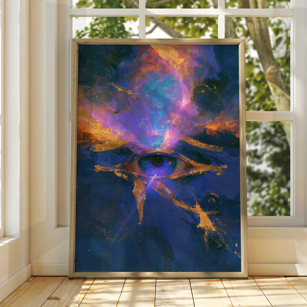 Eye of Horus Cosmic Poster, Egyptian Galaxy Wall Art, Mystic Gold Blue Print