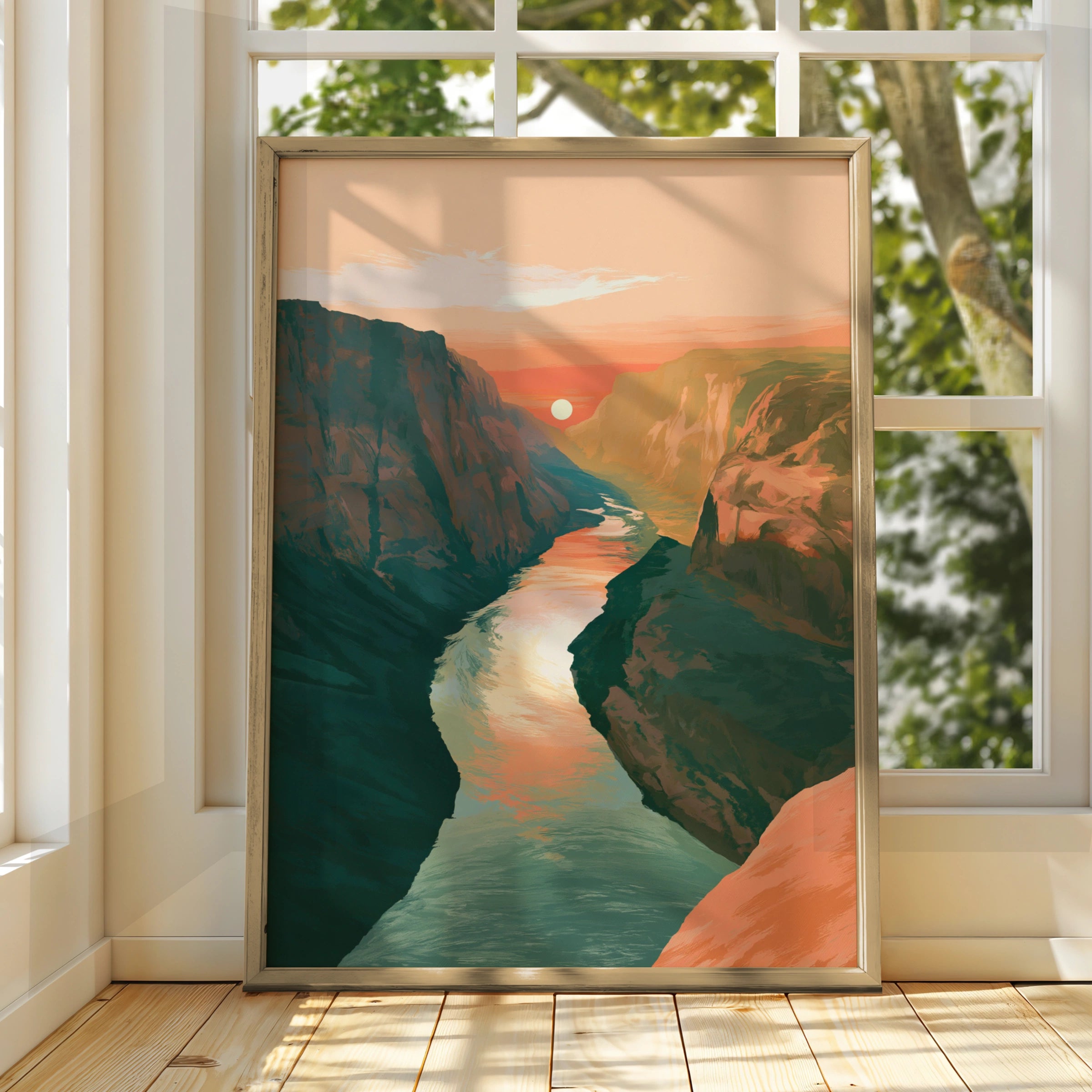 Canyon Sunset River Poster, Boho Landscape Wall Art, Terracotta Print