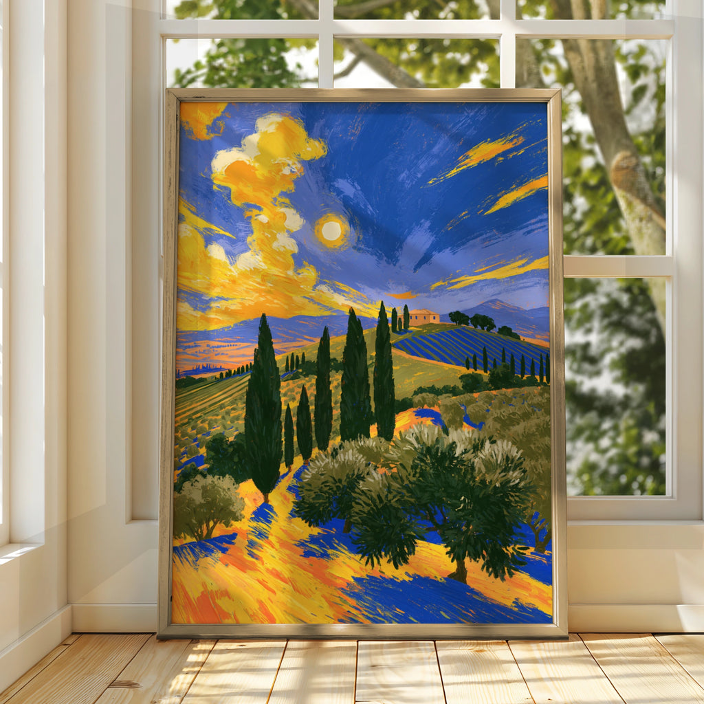 Tuscany Cypress Fields Poster, Italian Landscape Wall Art, Van Gogh Style Print