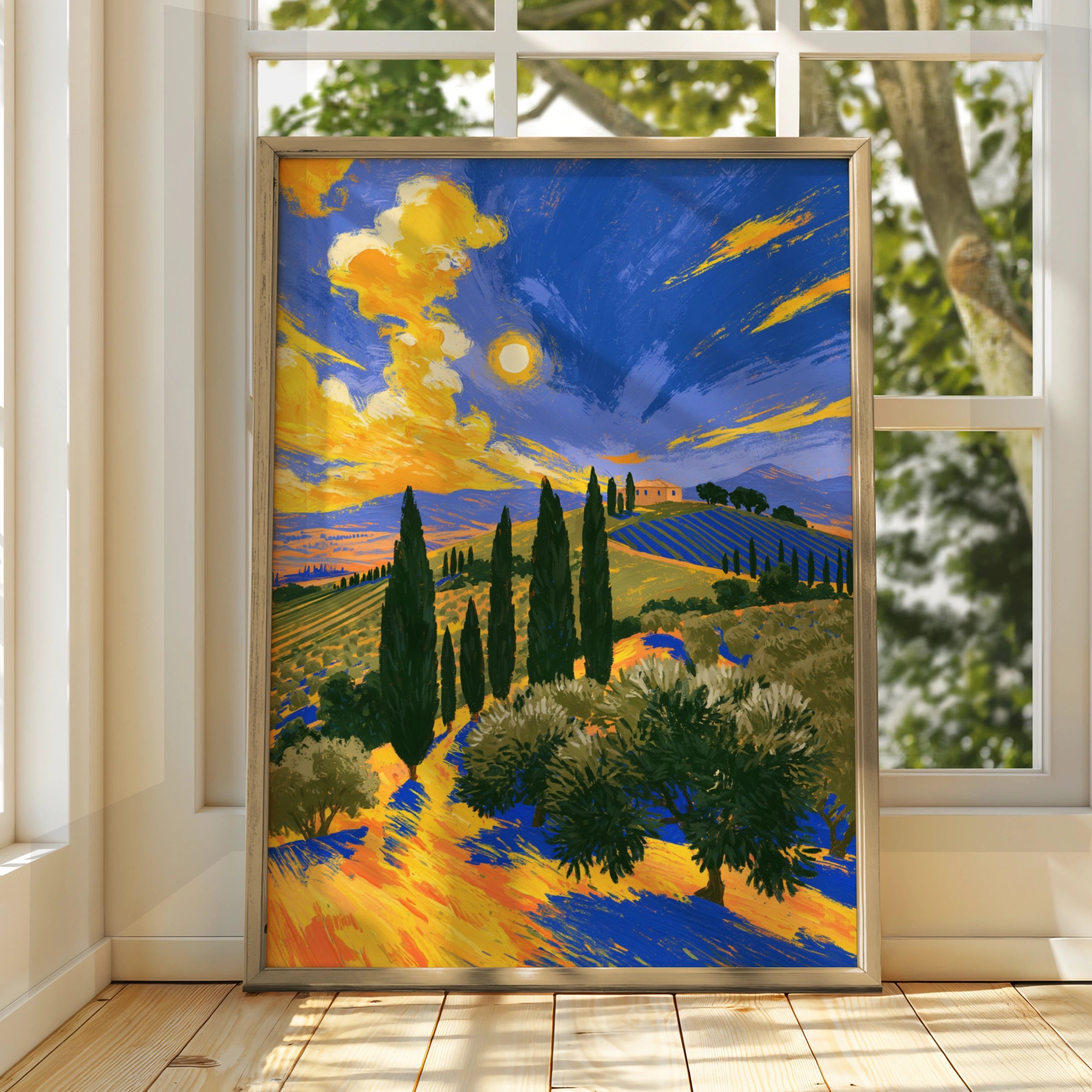 Tuscany Cypress Fields Poster, Italian Landscape Wall Art, Van Gogh Style Print