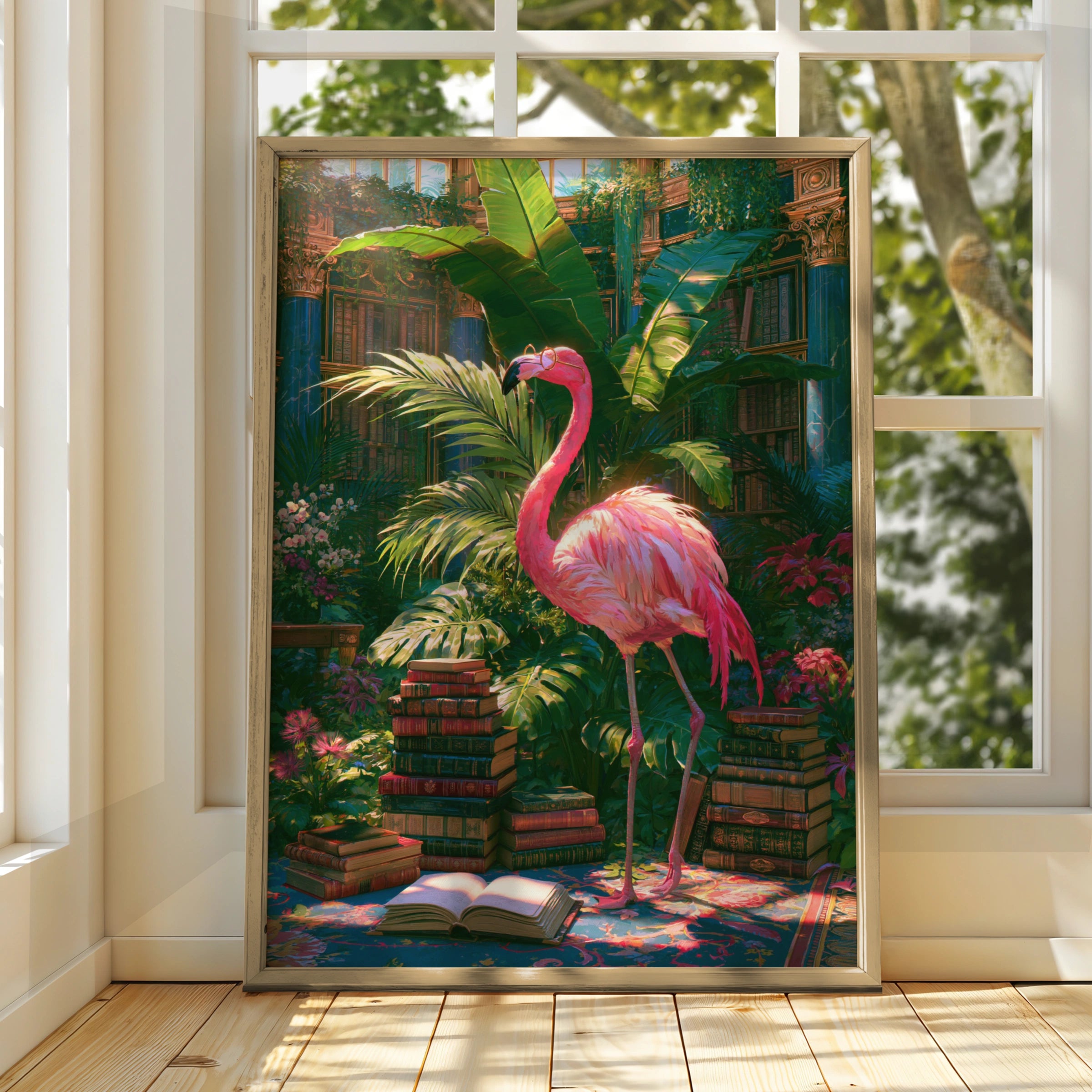 Flamingo Library Poster, Tropical Books Wall Art, Whimsical Botanical Print
