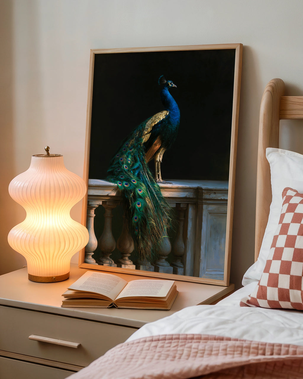 Peacock Antique Painting Poster, Teal Gold Bird Wall Art, Dark Classical Style