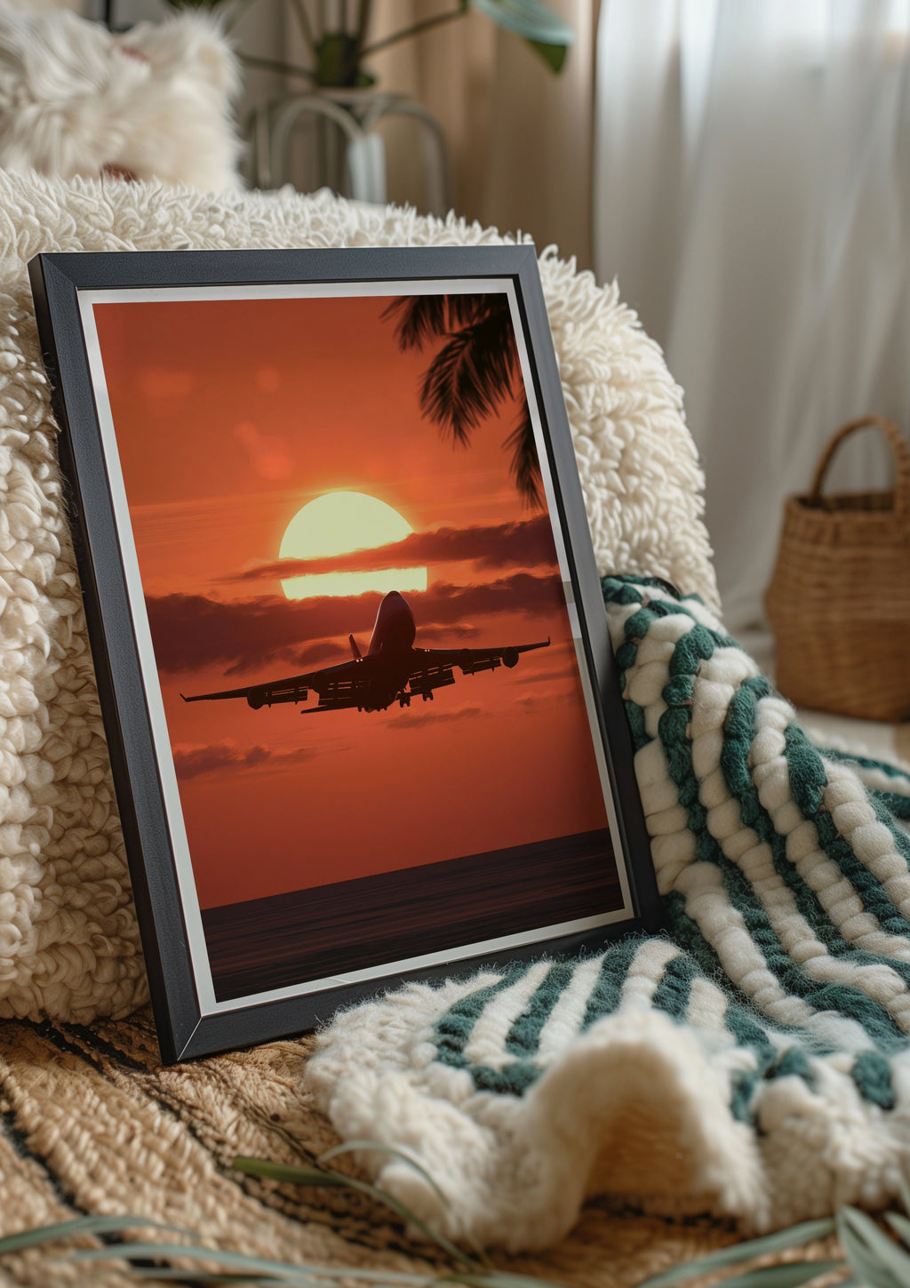 Plane Landing Sunset Poster, Aeroplane Silhouette, Tropical Travel Wall Art