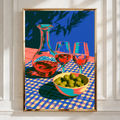 Wine & Olives Still Life Poster, Bold Colourful Mediterranean Wall Art