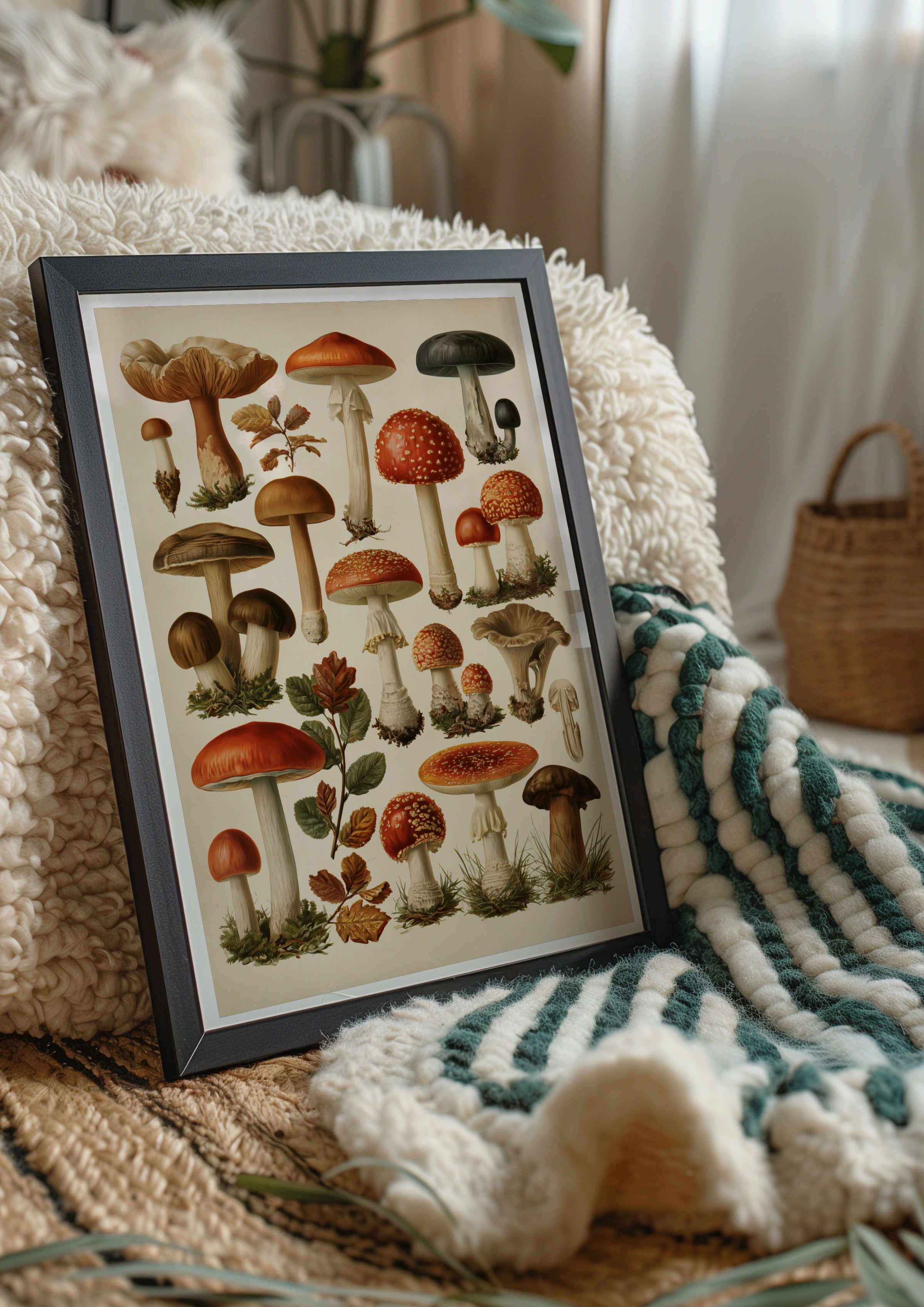 Mushrooms Botanical Illustration Poster, Vintage Fungi Wall Art Print