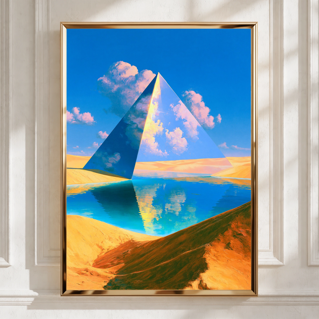 Glass Pyramid Desert Oasis Poster, Surreal Landscape, Vibrant Blue Wall Art