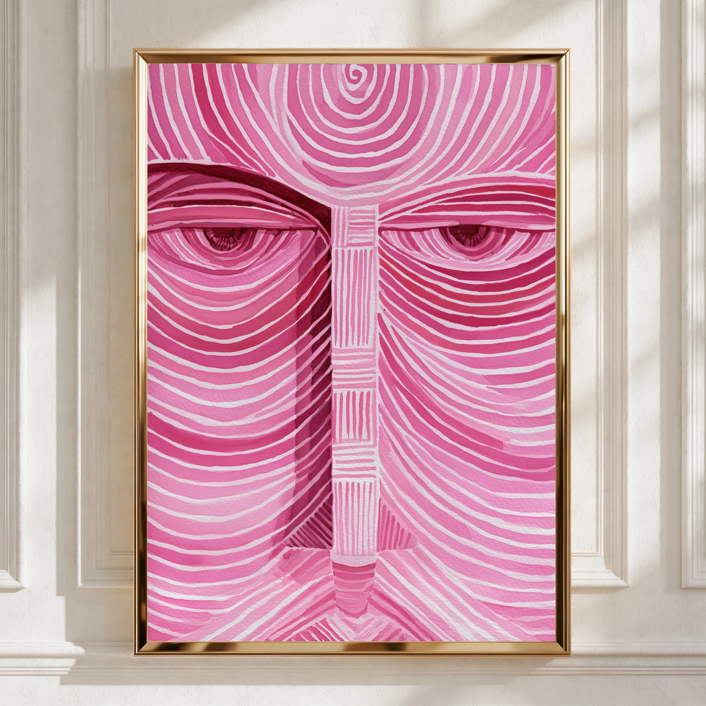 Pink Face Portrait Poster, Abstract Line Art Print, Psychedelic Wall Art