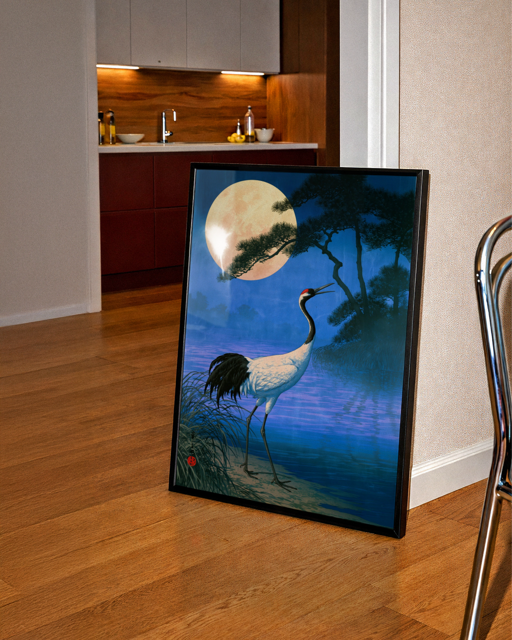 Japanese Crane Full Moon Poster, Ukiyo-e Style Wall Art, Foggy Night Print