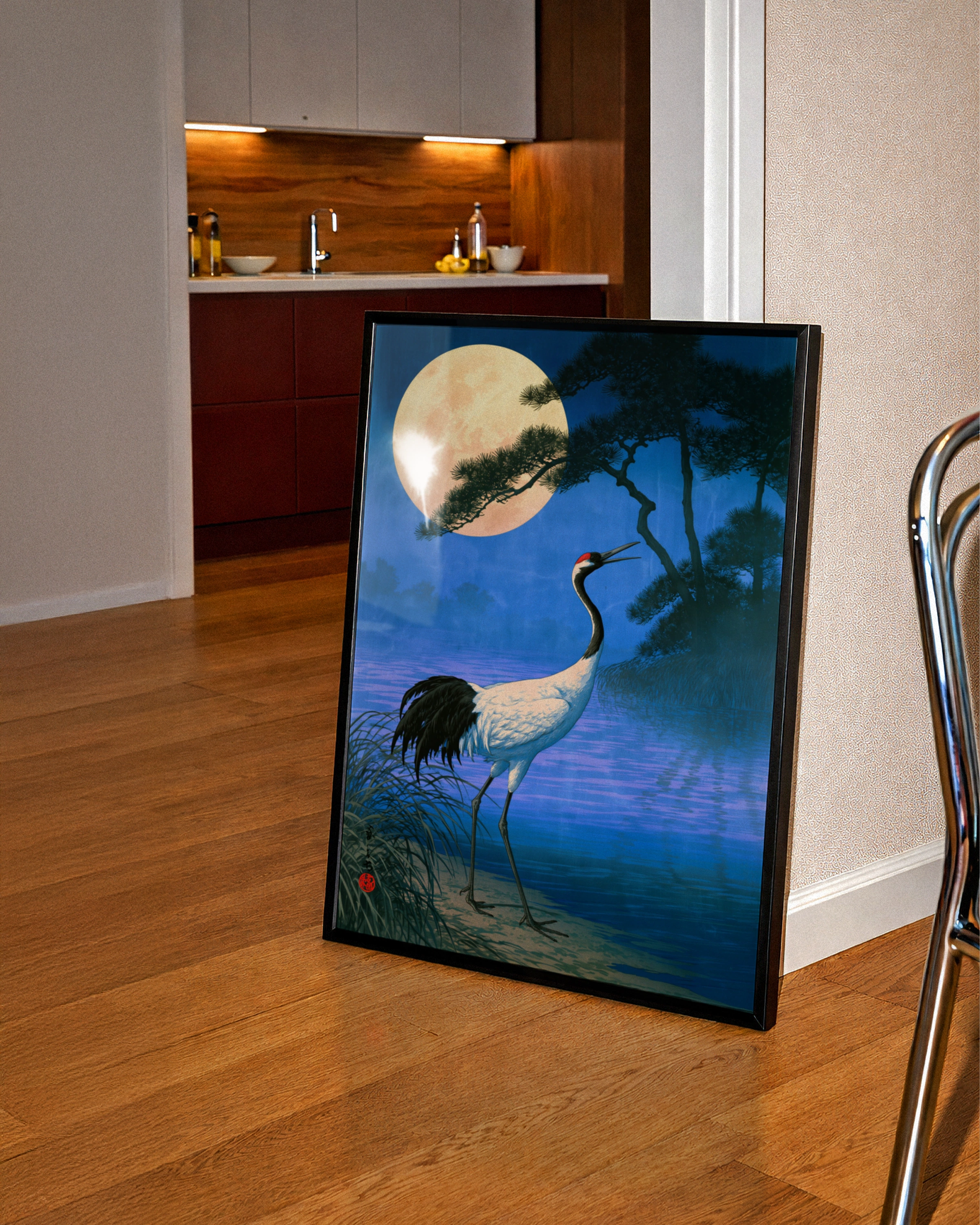 Japanese Crane Full Moon Poster, Ukiyo-e Style Wall Art, Foggy Night Print