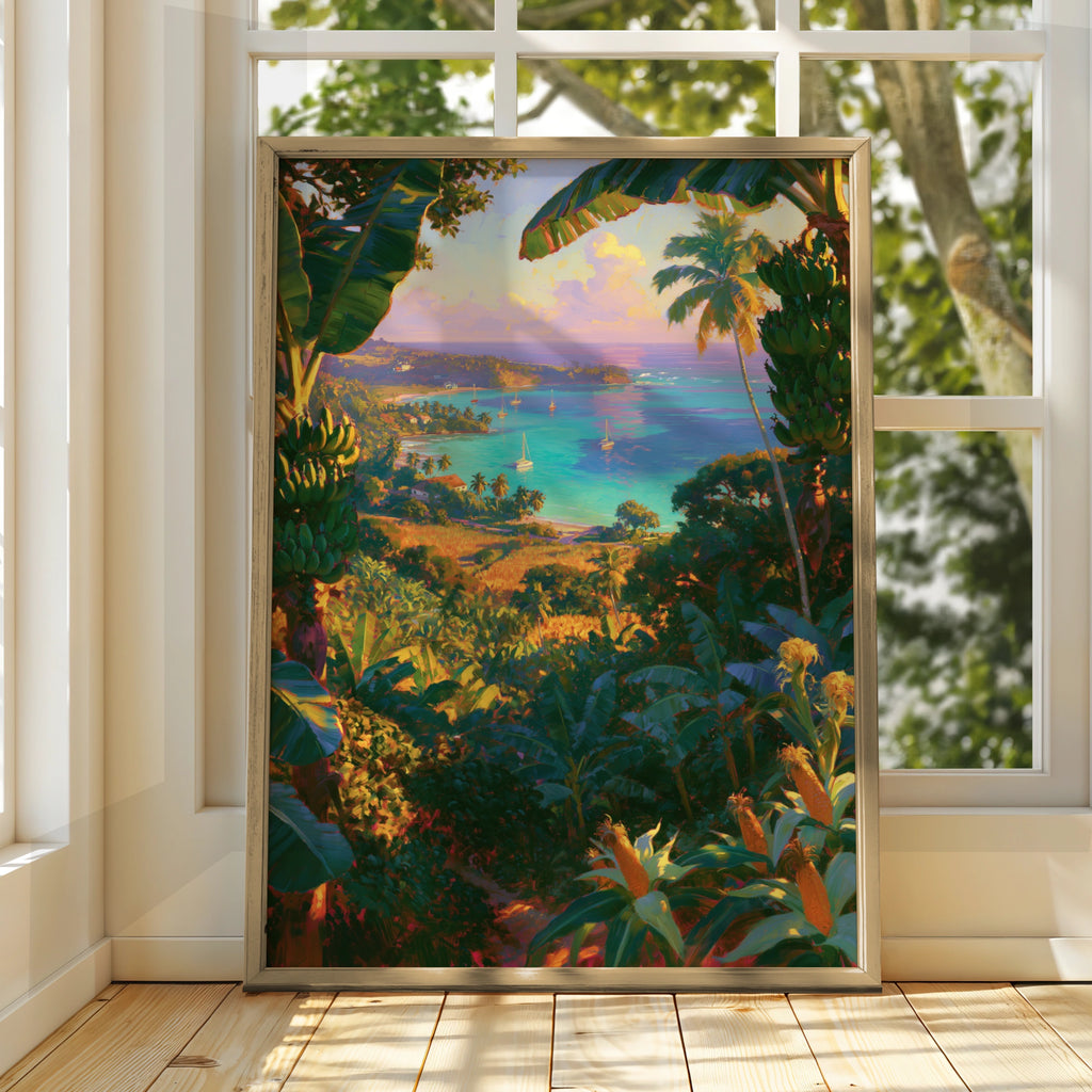 Tropical Beach Bay Poster, Caribbean Jungle View, Sailboat Wall Art Print