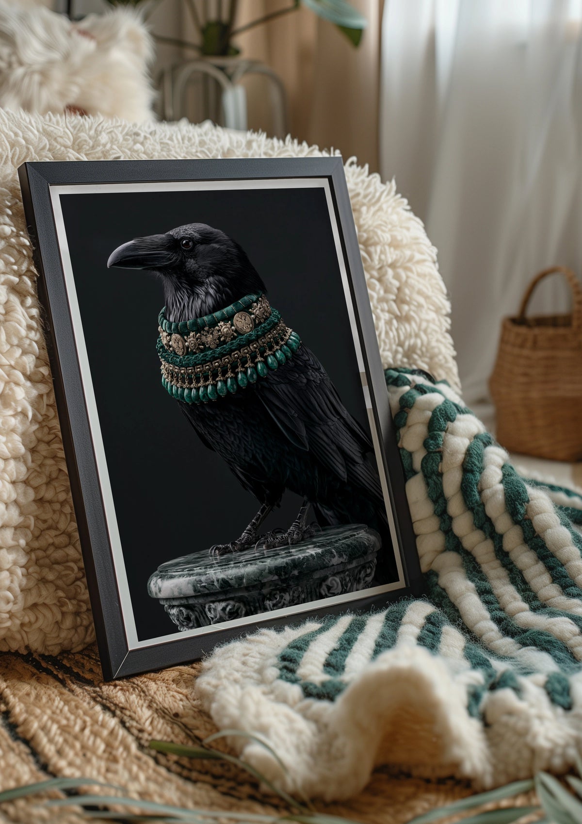 Raven With Green Jewelled Necklace Wall Art Poster, Dark Gothic Bird Print
