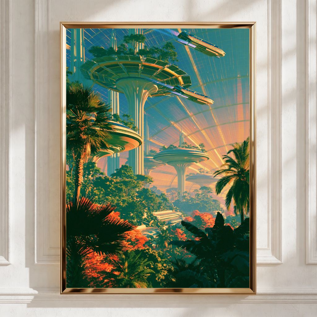 Futuristic City Green Dome Poster, Sci-Fi Jungle Architecture Print, Retro Futurism