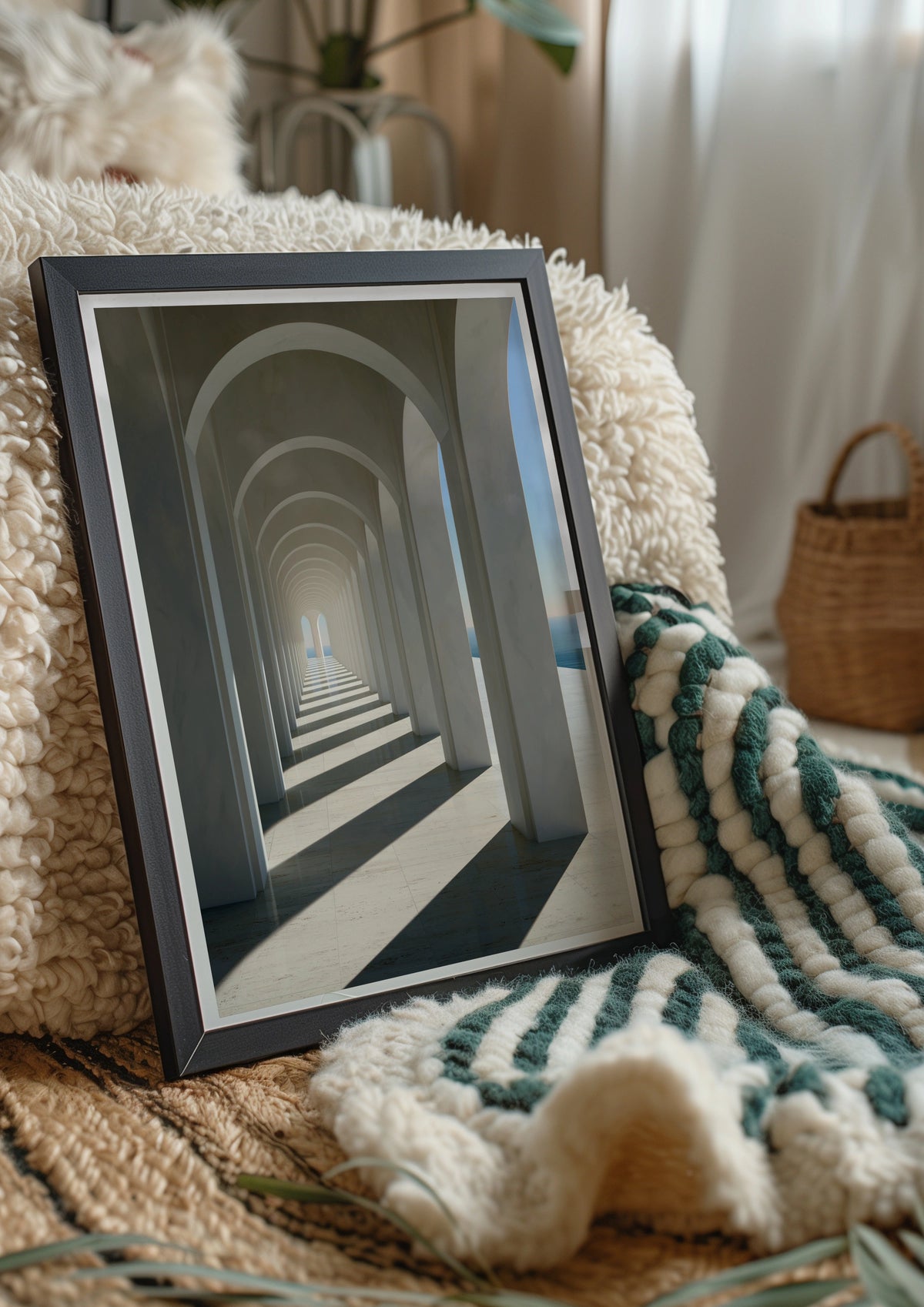 White Marble Archway Passage Poster, Minimalist Architecture Print, Coastal