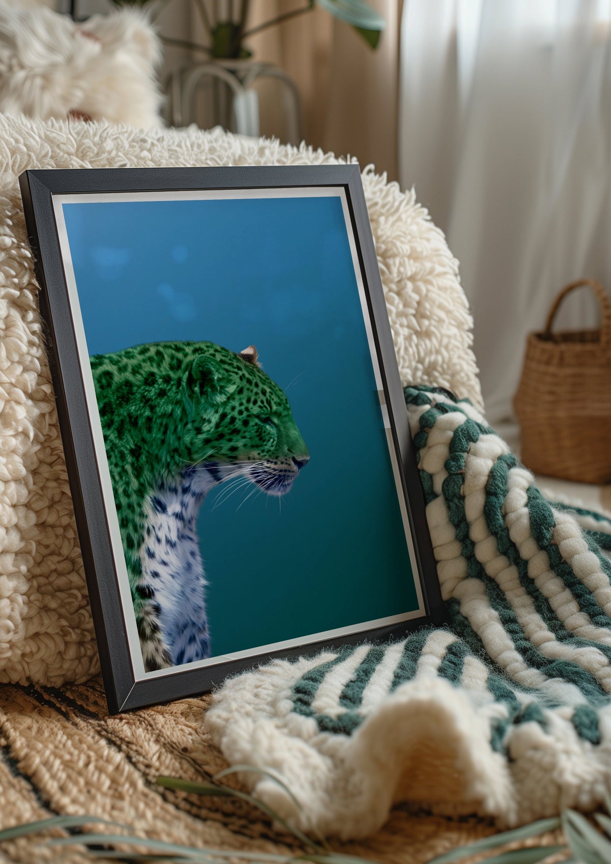 Green Leopard Abstract Poster, Bold Wild Cat Print, Teal Blue Wall Art
